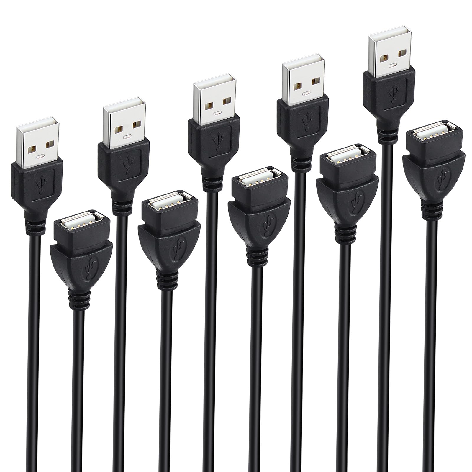 Short USB Extension Cord 5-Pack, 1.6 ft USB 2.0 Male to Female Extender Cable Bulk
