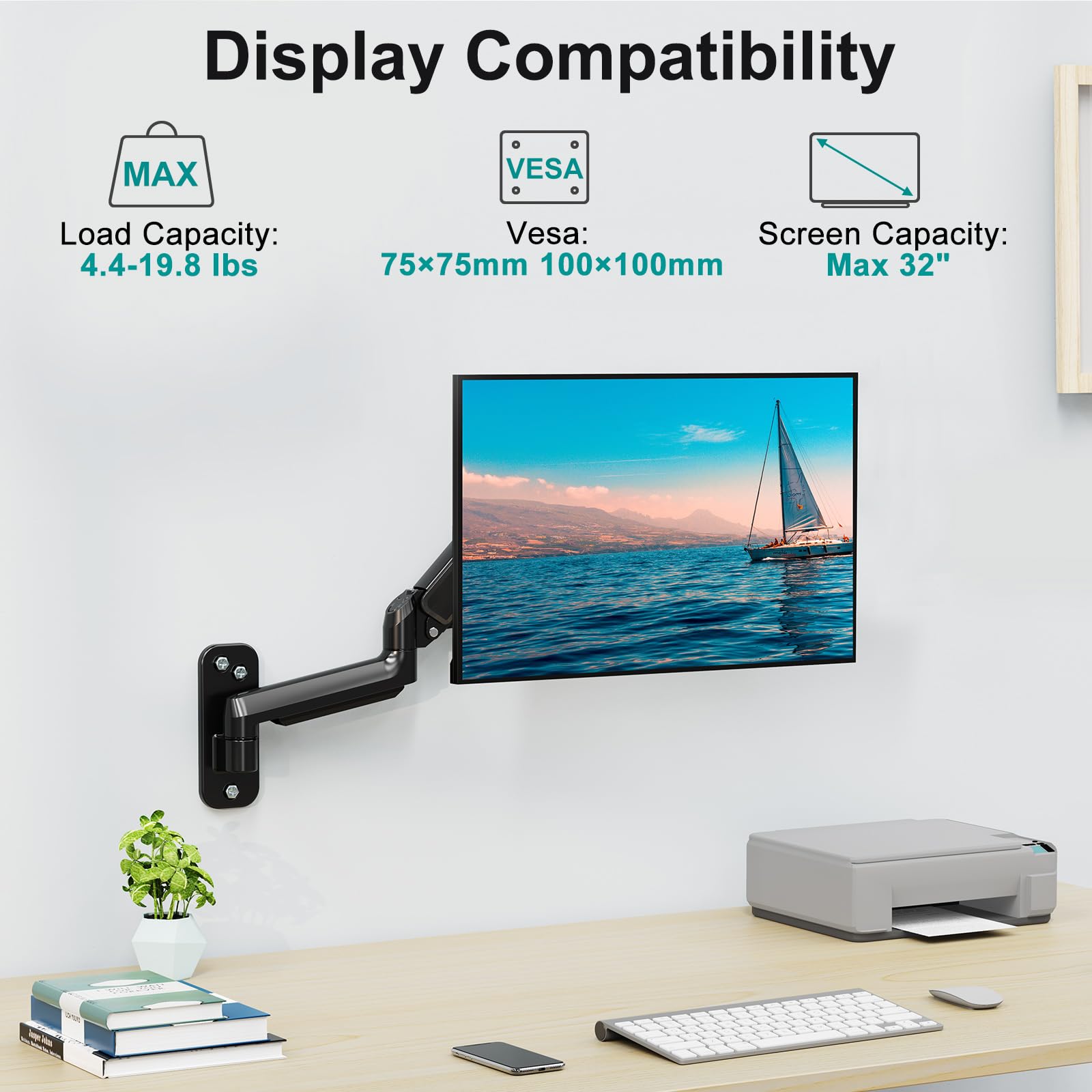 Ergofocus Monitor Wall Mount Fits 17 32 Inch Flat/Curved Computer Screens, Single Monitor Wall Arm Holds Up To 19.8Lbs, Height A
