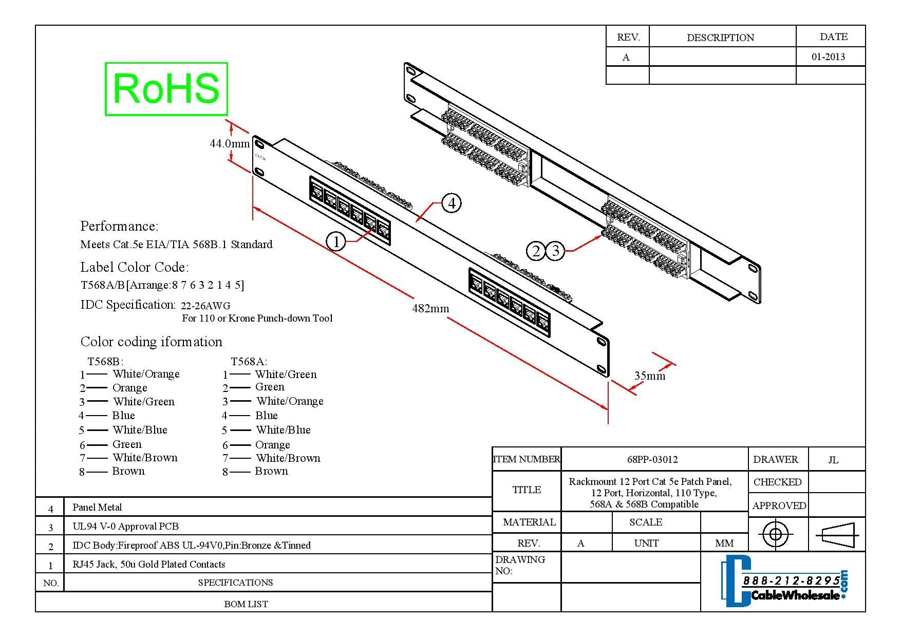 Cablewholesale 12 Port Cat5E Patch Panel, 19'' Horizontal Rackmount Cat5E Patch Panel, 1U Wall Mount Panel, Rj45 Ethernet 110 Ty