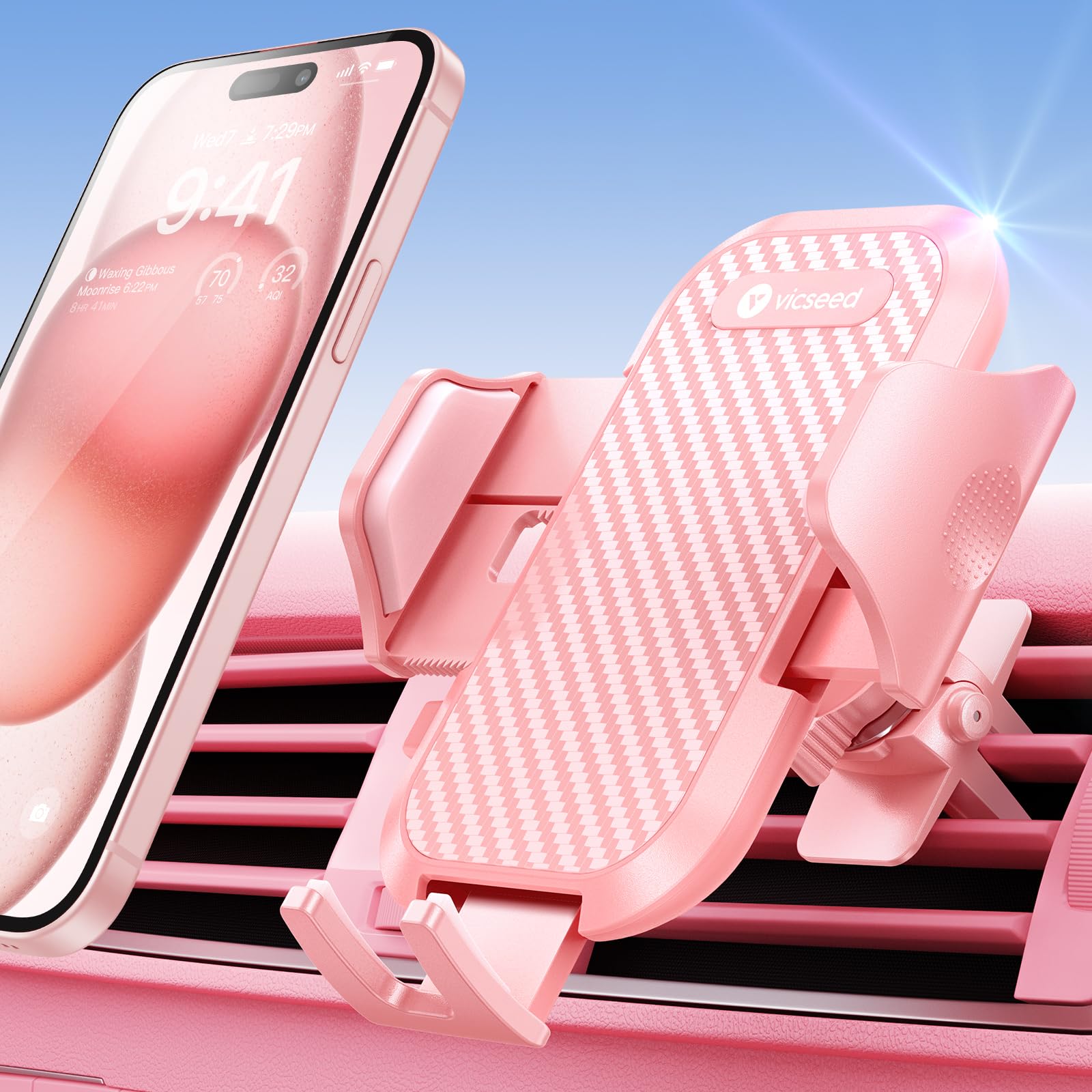 Vicseed Pink Phone Holder For Your Car [ Sturdy & Secure ] Air Vent Phone Mount For Car Hands Free Easy Clamp Cradle In Vehicle 