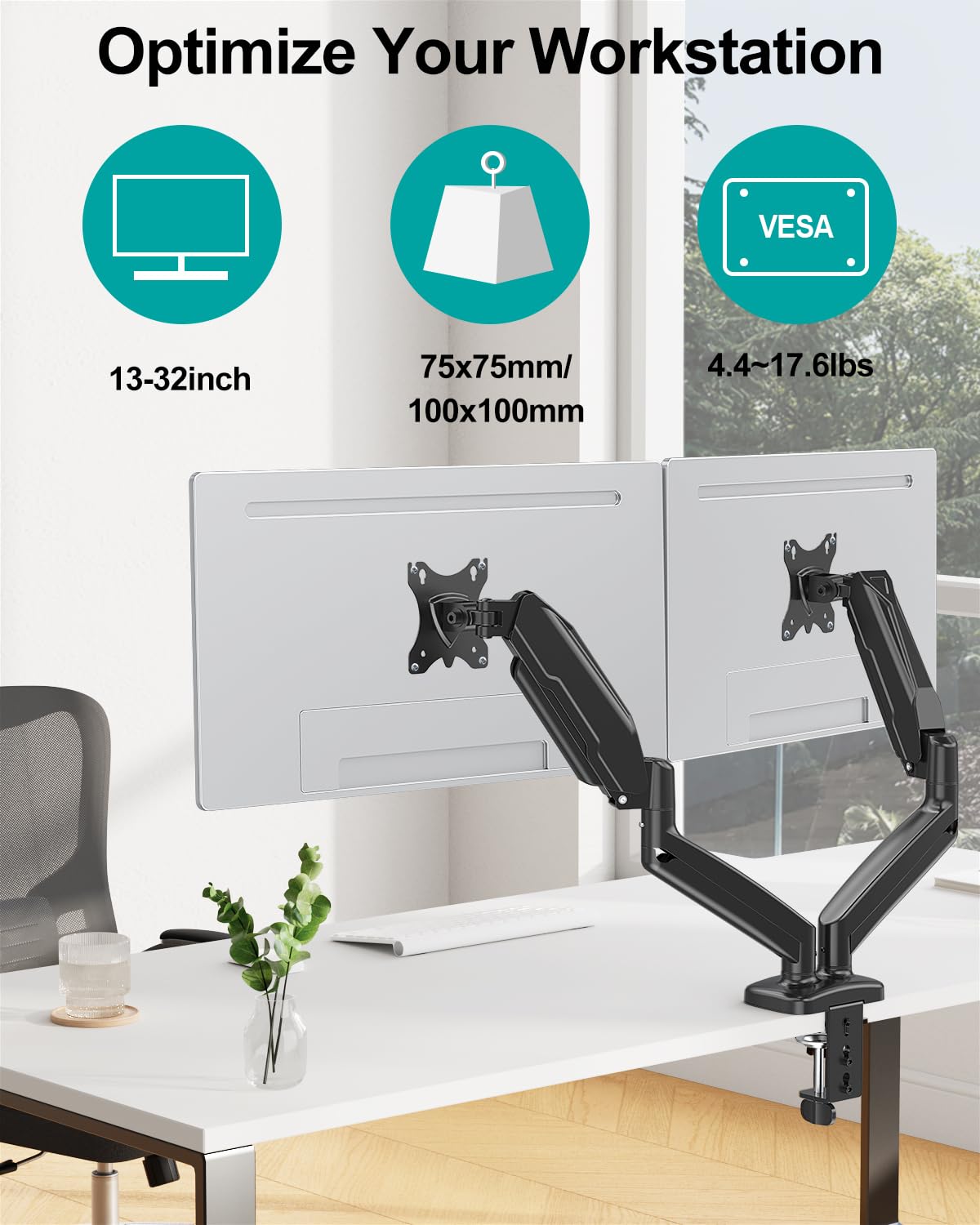 Mount Pro Dual Monitor Mount Fits 13 To 32 Inch Computer Screen, Height Adjustable Monitor Stand For 2 Monitors, Gas Spring Moni