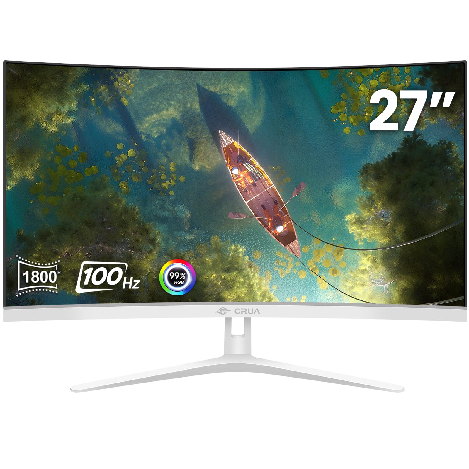 Crua 27'' Curved White Monitor, Full Hd(1920X1080P) Va Panel 1800R 100Hz 99% Srgb Professional Computer Monitors, 3Sides Framele