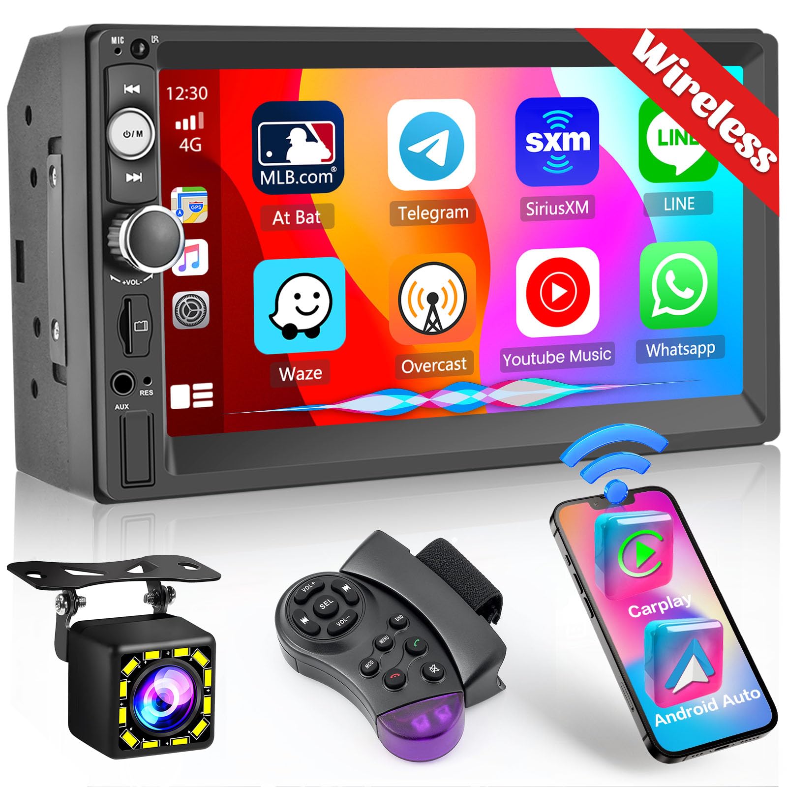 HIKITY Double Din Wireless Apple CarPlay Car Stereo 7 Inch Touchscreen Bluetooth Car Radio with Backup Camera Mirror Link FM Car