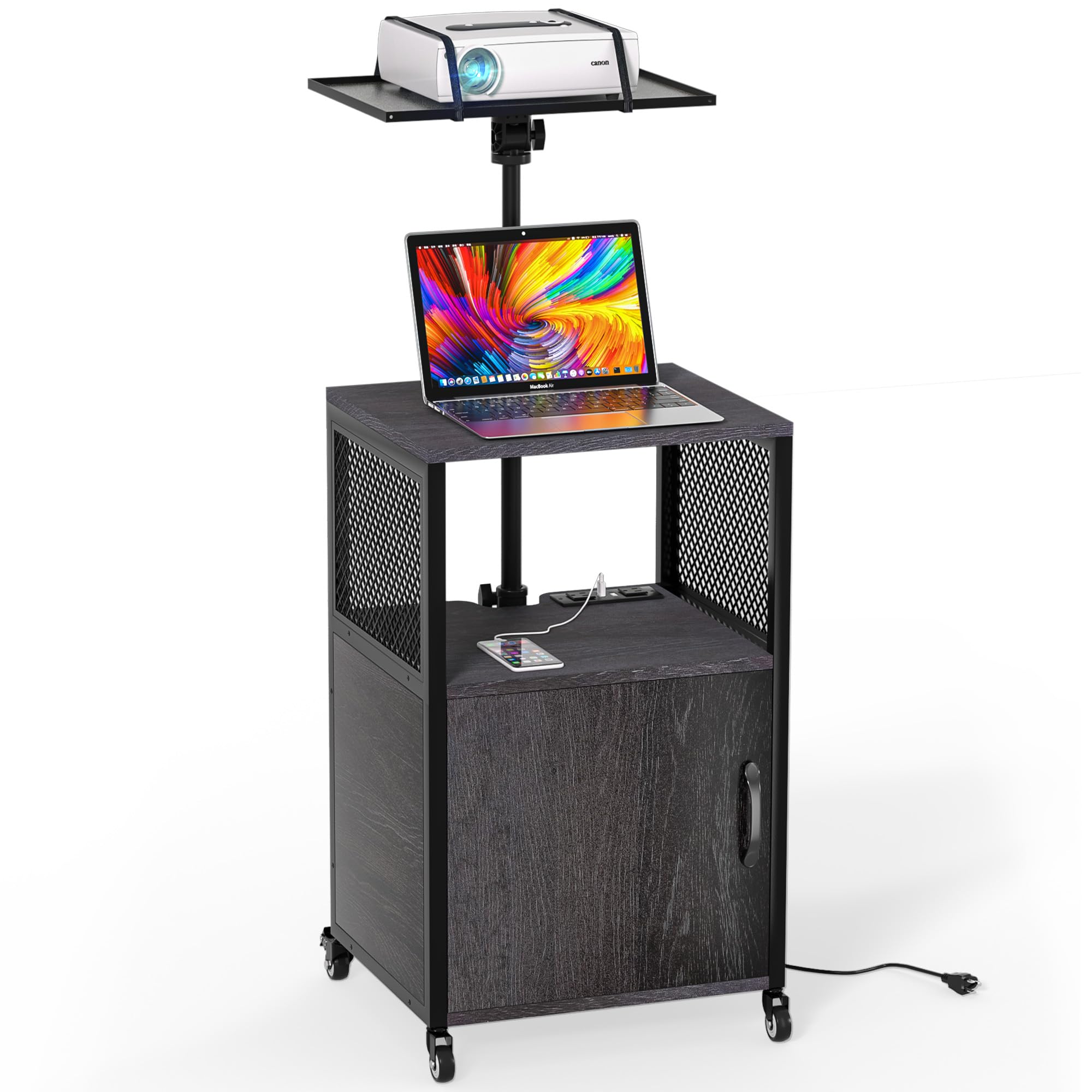 Gdlf Projector Stand With Storage Cabinet Heavy Duty Mobile Laptop Tripod Stand With Charging Station And Adjustable Height 28.4