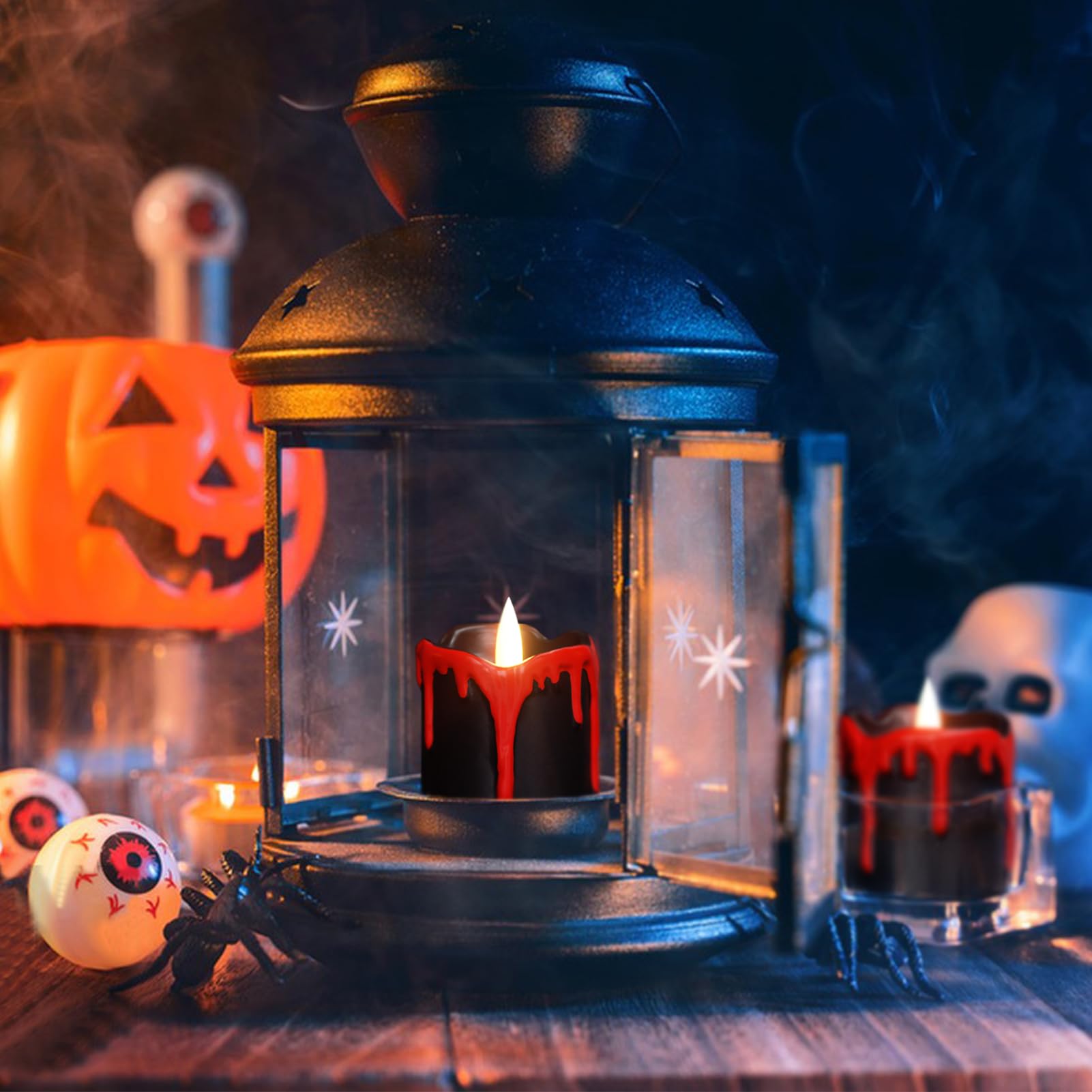 Genswin Halloween Led Votive Candles With Long Lasting Batteries, Flameless Flickering With 6H Timer, 6 Real Wax Black And Red C