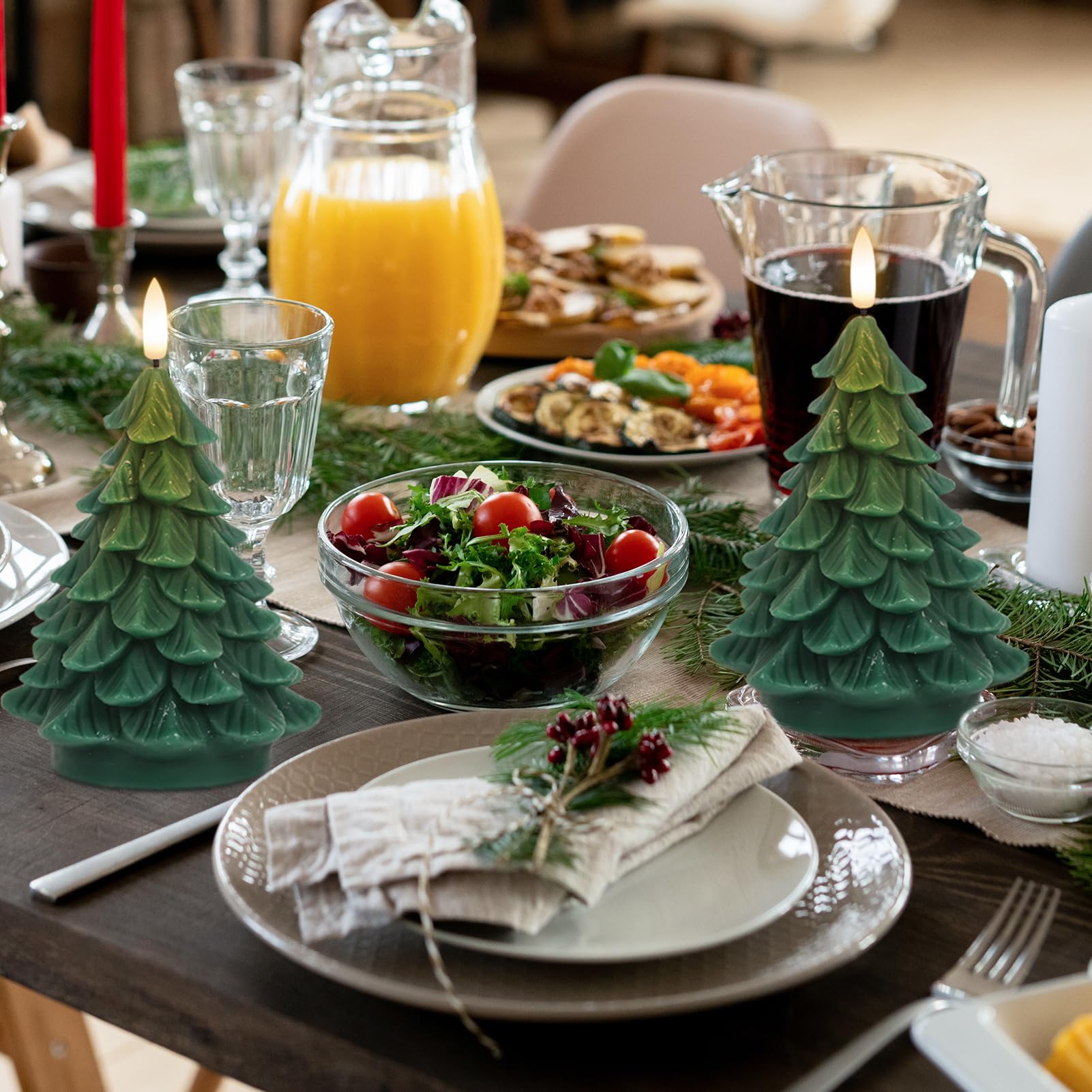 Wondise Christmas Tree Flameless Candles Timer, 2 Packs Green Real Wax Battery Operated 3D Wick Led Flickering Candles Realistic