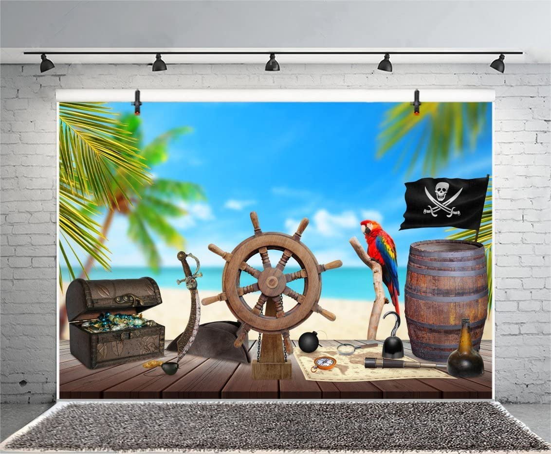 Lfeey 7X5Ft Pirate Themed Backdrop For Photography Old Wooden Rudder Wood Floor Pirate Ship Jewelry Box Barrel Seascape Photogra