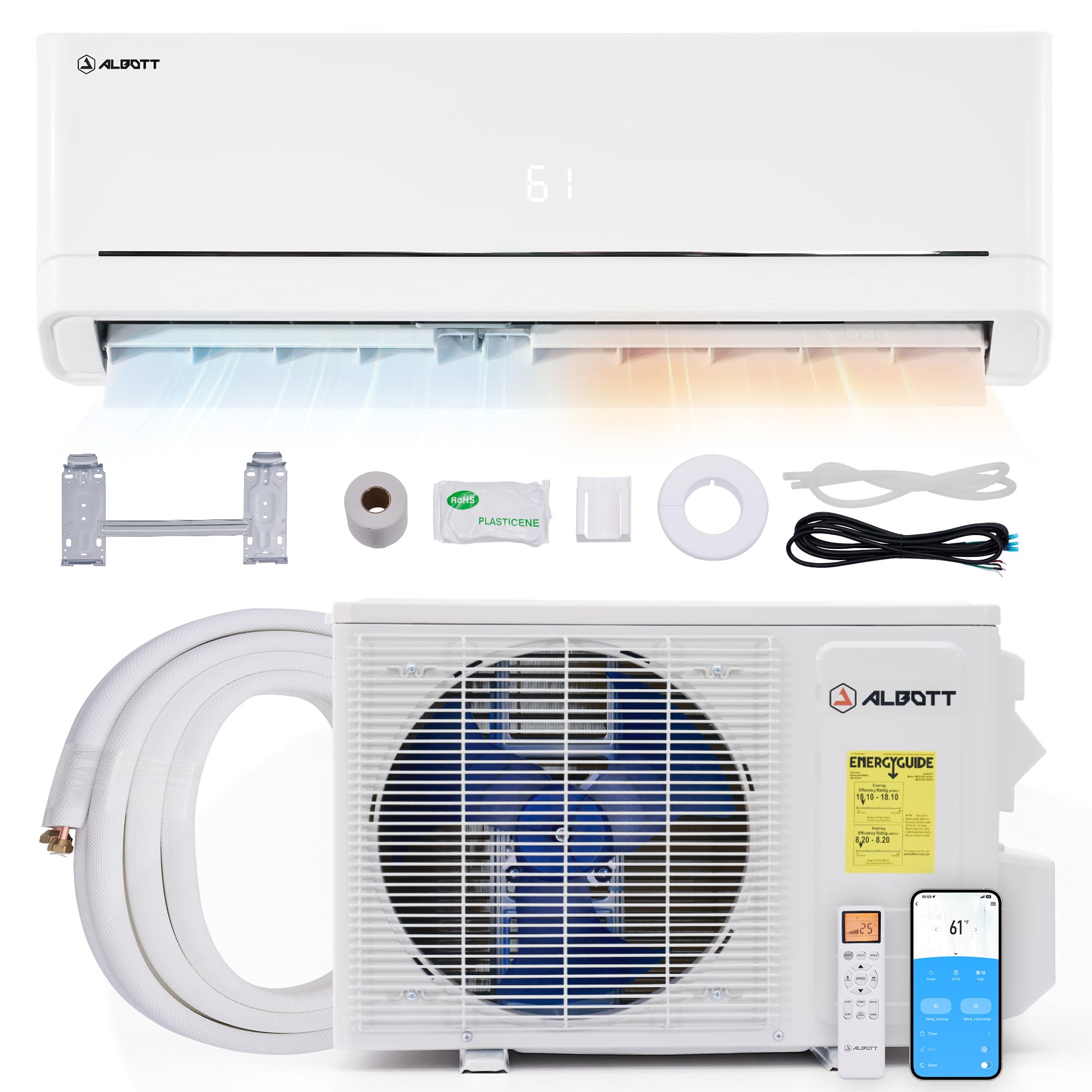 Albott Mini Split Air Conditioner and Heater, 24,000 BTU, SEER2 18, 208-230V Inverter Energy-Efficient AC with Self-Cleaning, Re