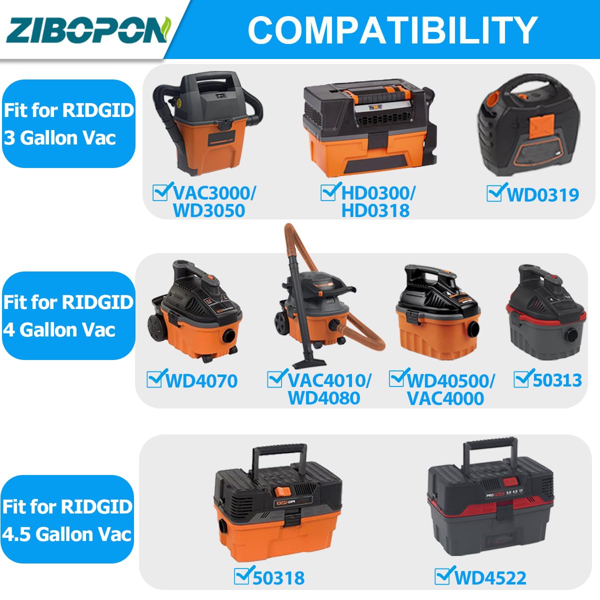 Zibopon Vf3500 Shop Vac Filters Compatible With Ridgid 3 4.5 Gallon Wet/Dry Vacuum, 3 Layer Fine Dust Filter,1 Pack