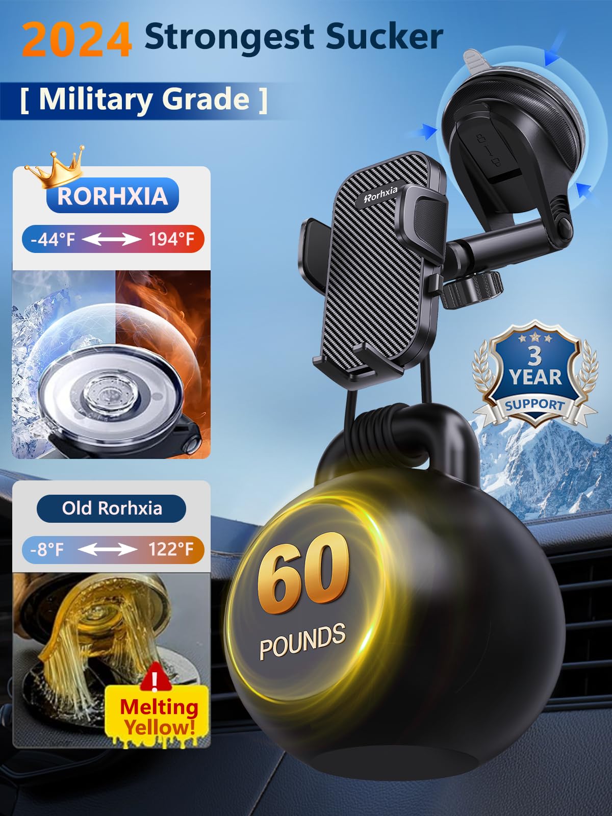 Rorhxia [2025 Most Stable & Flexible Suction Cup] 3-In-1 Car Phone Holder, Cell Phone Car Mount Fit For Vent/Dashboard/Windshiel