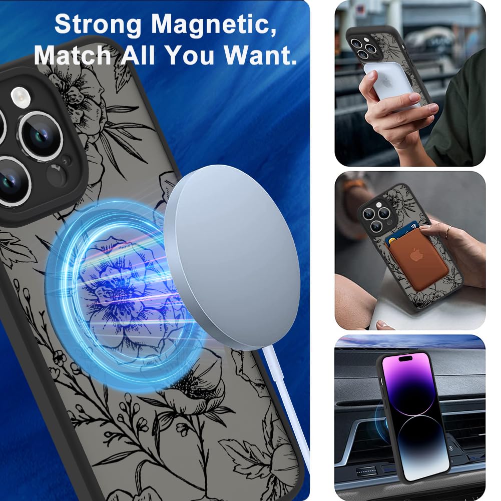 Ook Magnetic For Iphone 14 Pro Case Black Flower Floral Pattern [Compatible With Magsafe] Slim Translucent Matte Camera Lens Pro