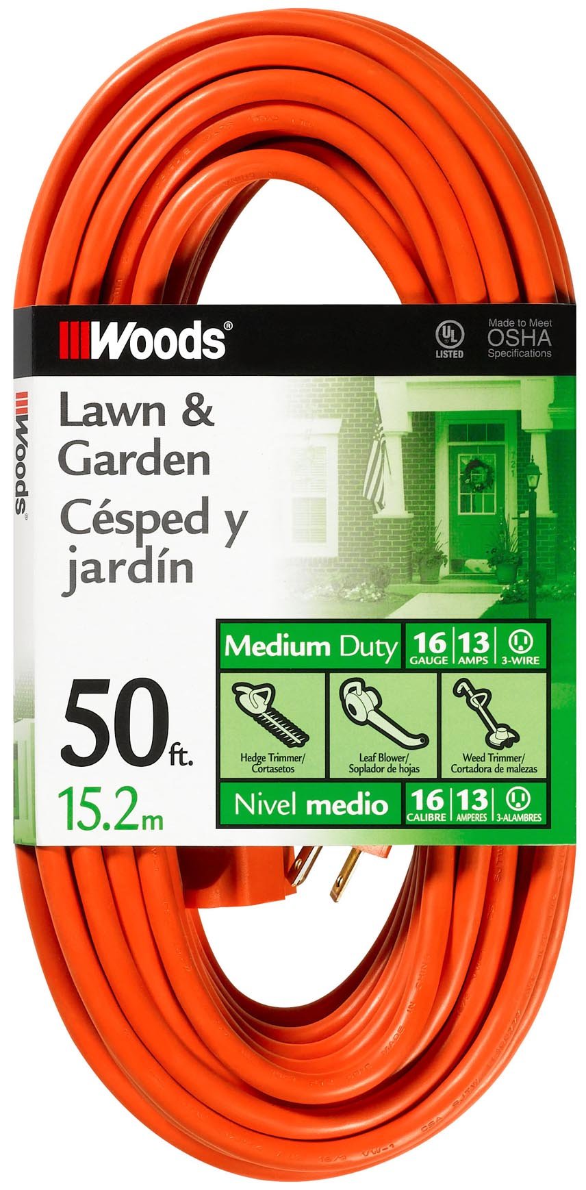 Woods Light Duty Extension Cord, 50Ft, 16 Gauge, 3 Conductor, General Purpose Cord, Sjtw, Orange, 0268