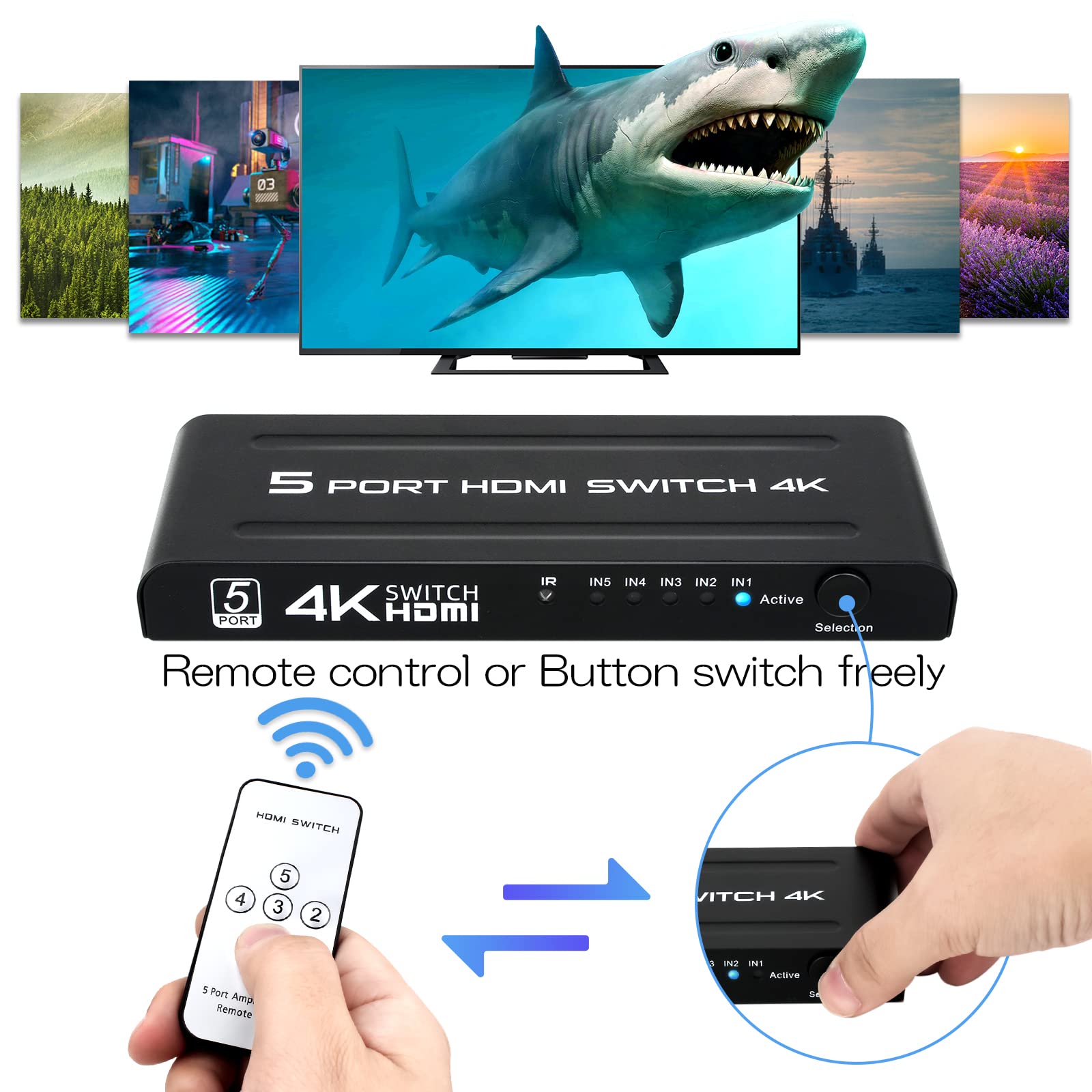 4K Hdmi Switch 5 In 1 Out, 5 Port Hdmi Switcher Selector Box With Ir Remote Control & Auto Switch, Support 4K@30Hz, Hdr, Hdmi 1.
