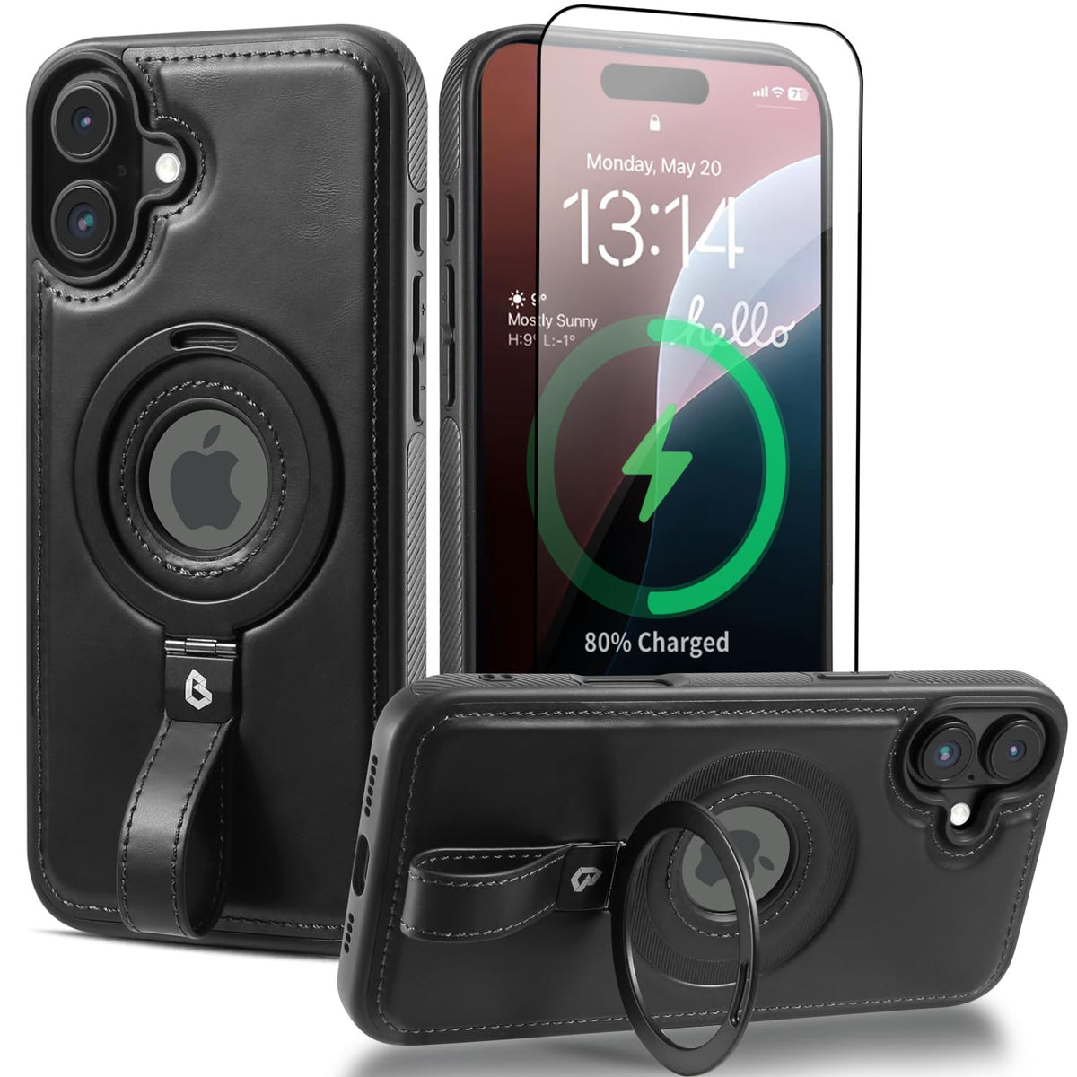Butaiga Capture Grip Strap Magnetic Stand For Iphone 16 Plus Case With Screen Protector, Protective Iphone 16 Plus Case Leather,
