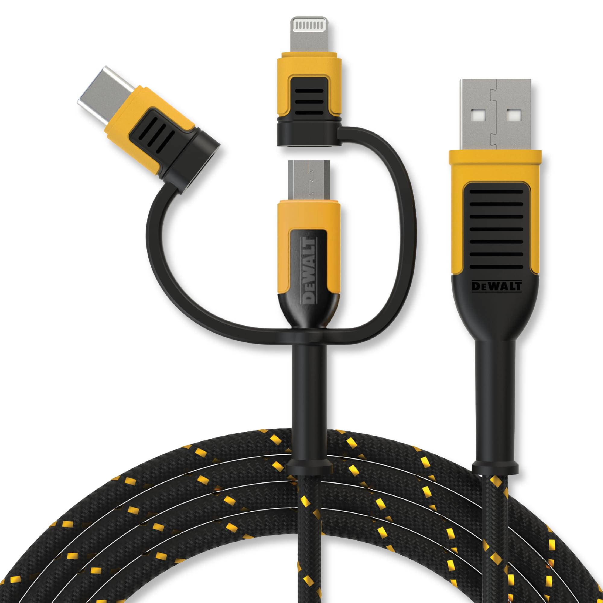 DEWALT Reinforced 3-in-1 Combo Cable - Multi-Charging Cable - Lightning, Type C, Micro-USB Adapter Cable - Android and Apple Com