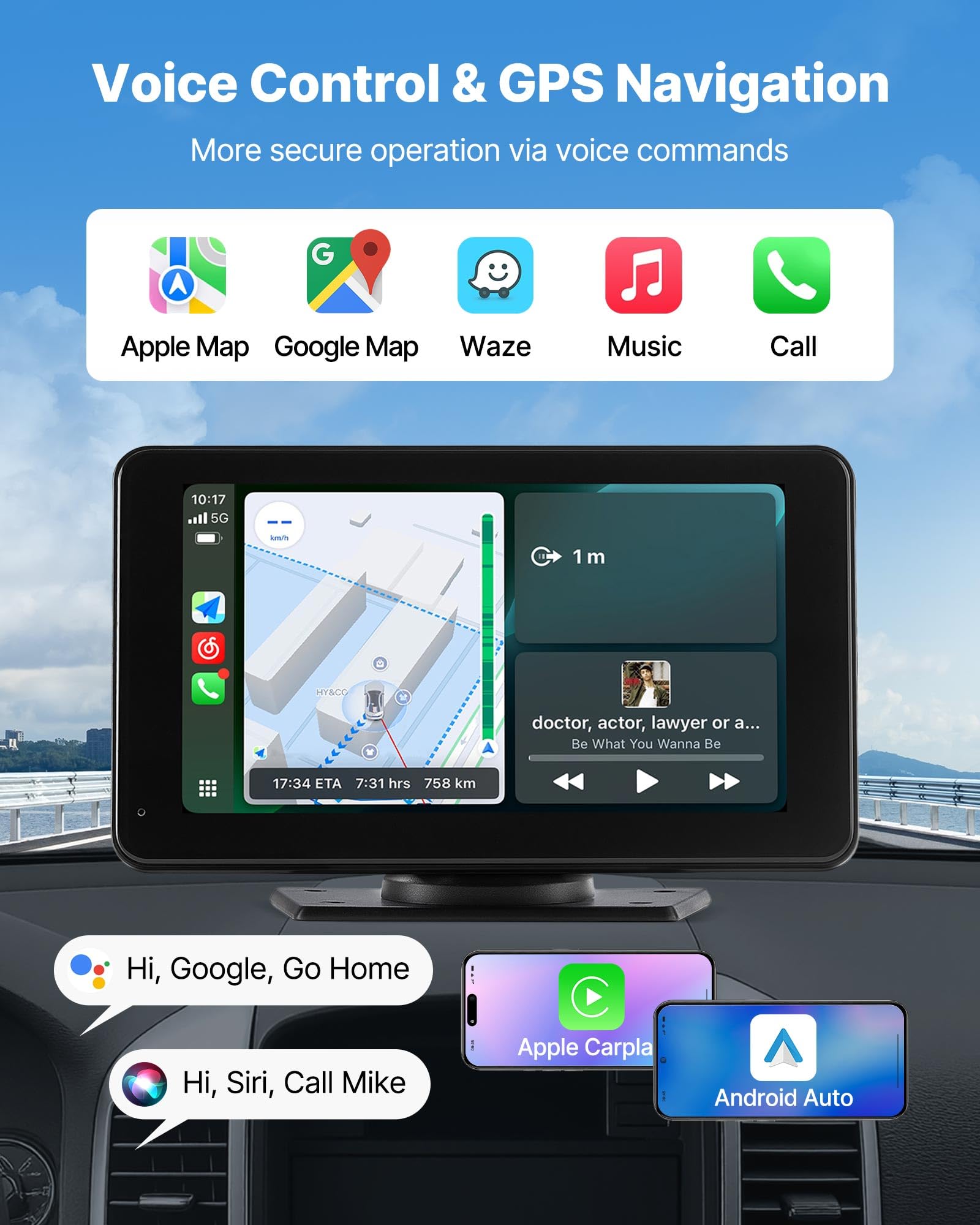 Vevor Wireless Car Stereo, 7-Inch Hd Portable Radio Touch Screen Compatible With Apple Carplay & Android Auto, Carplay Screen Wi