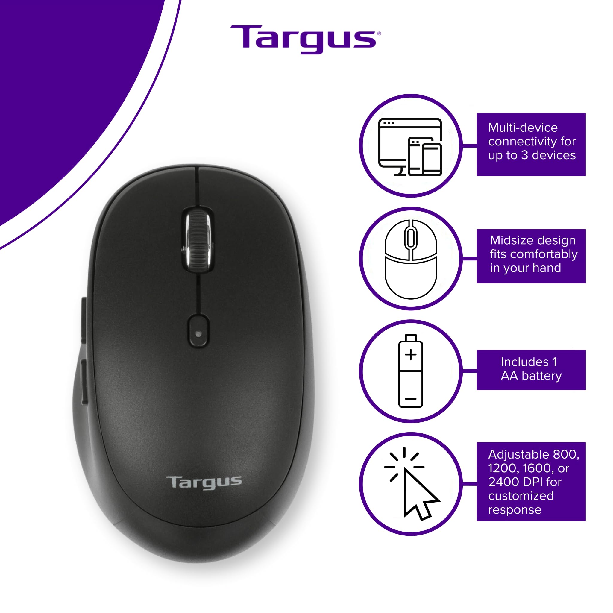 Targus Midsize Comfort Multi-Device Bluetooth Mouse - Compatible With Chrome Os, Windows, And Macos (Amb582Gl)