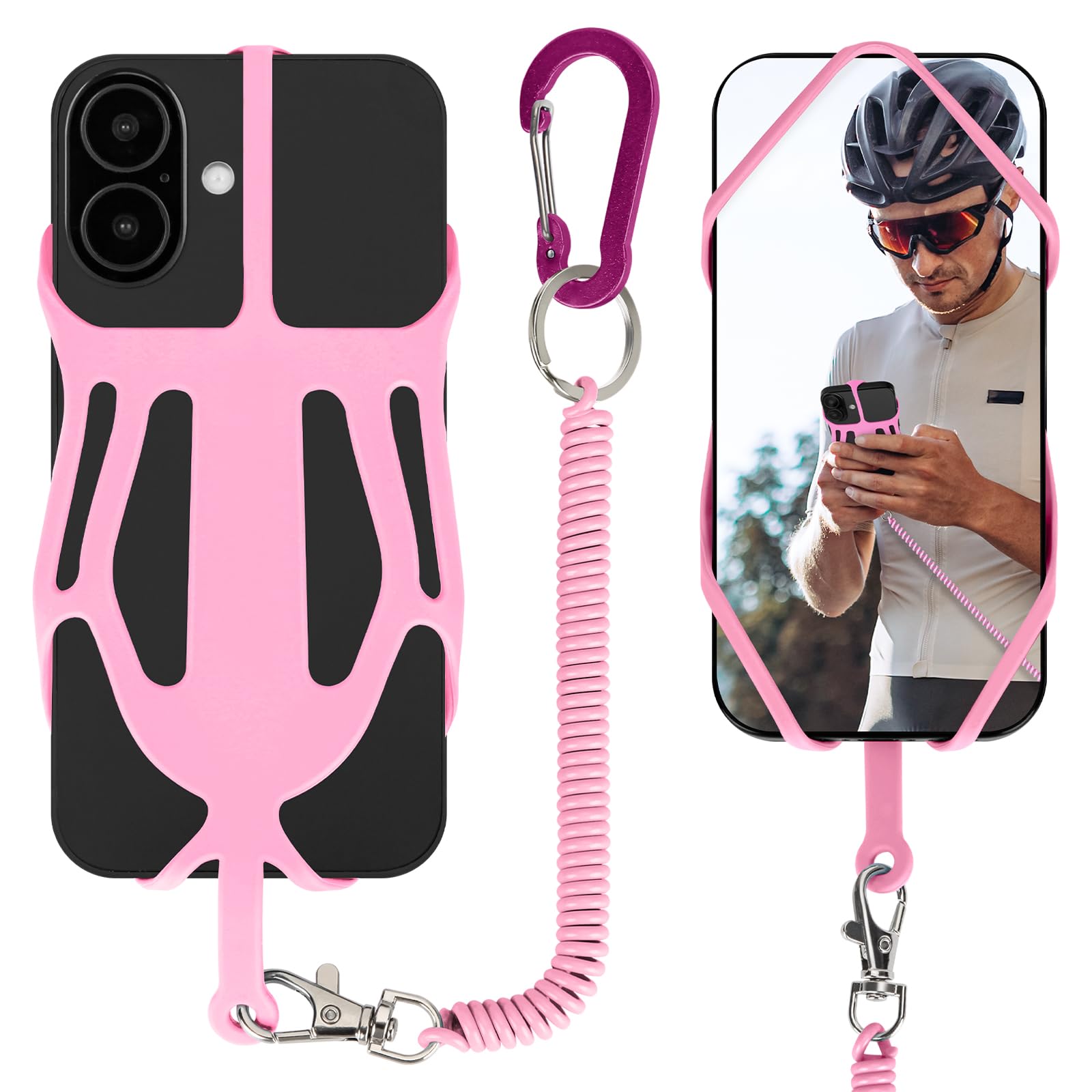 HOTEMIA Silicone Phone Lanyard Holder with Carabiner, Universal Phone Strap,Anti-Theft Phone Case with Retractable Tether (Pink)