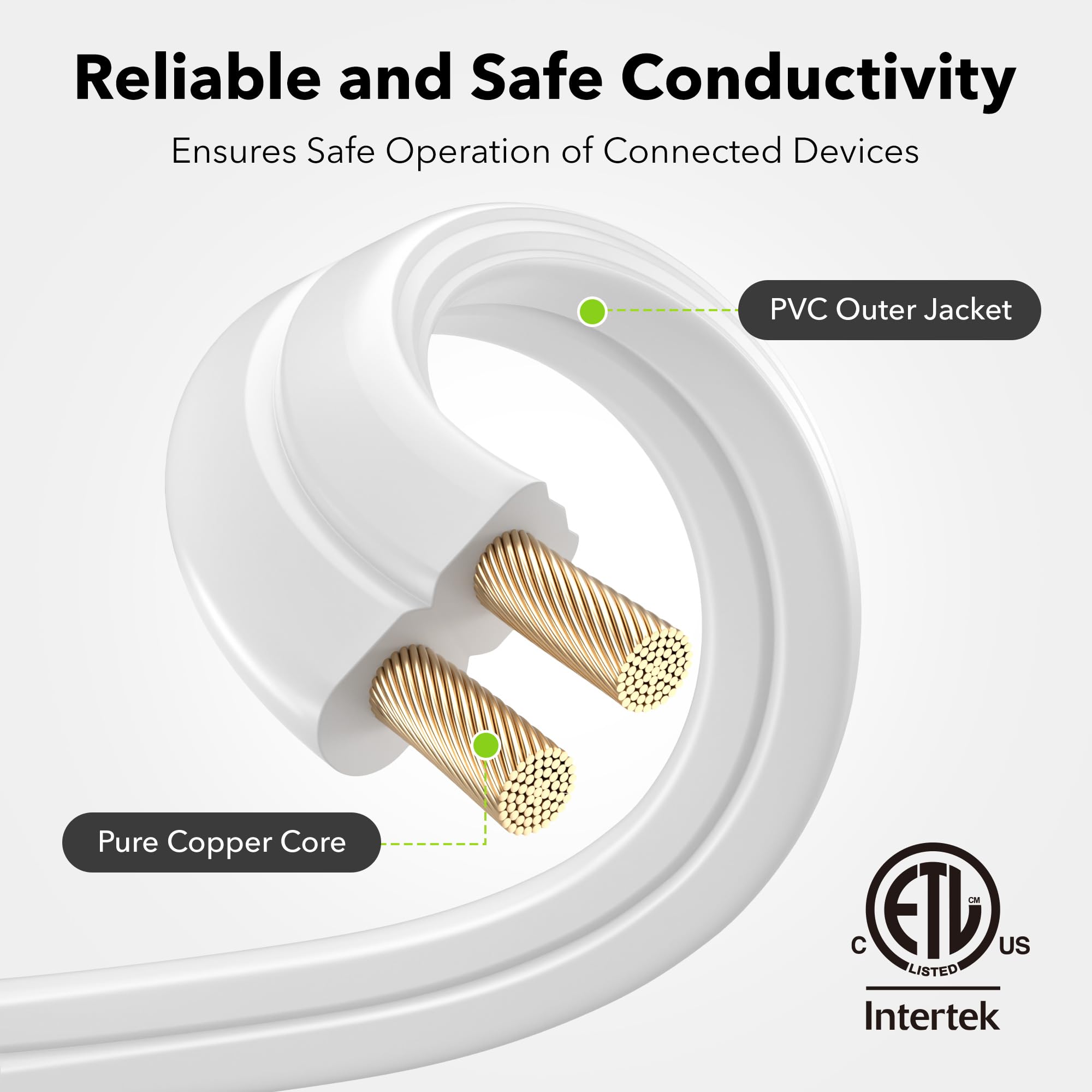 Bn Link 6 Ft 3 Outlet Indoor Extension Cord 16/2 Spt 2, 2 Pack White, 2 Prong Polarized Plug, Household Power Cord For Home, Off