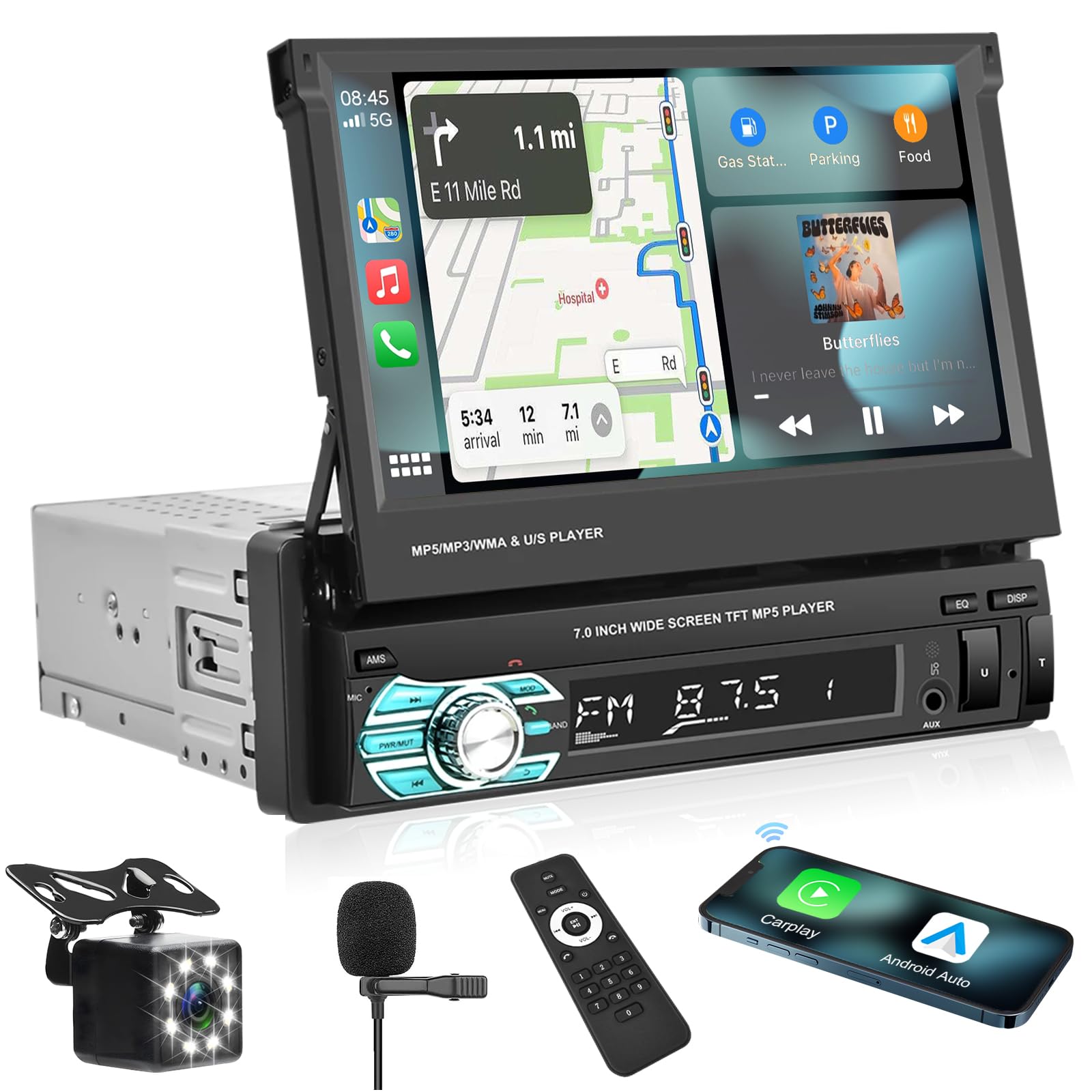 Podofo Single Din Car Stereo 7 Inch Flip Out Touchscreen Compatible With Apple Carplay & Android Auto Mirror Link Car Audio Receiver Bluetooth Backup Camera Swc Fm Radio Usb/Tf/Aux Port Head Unit