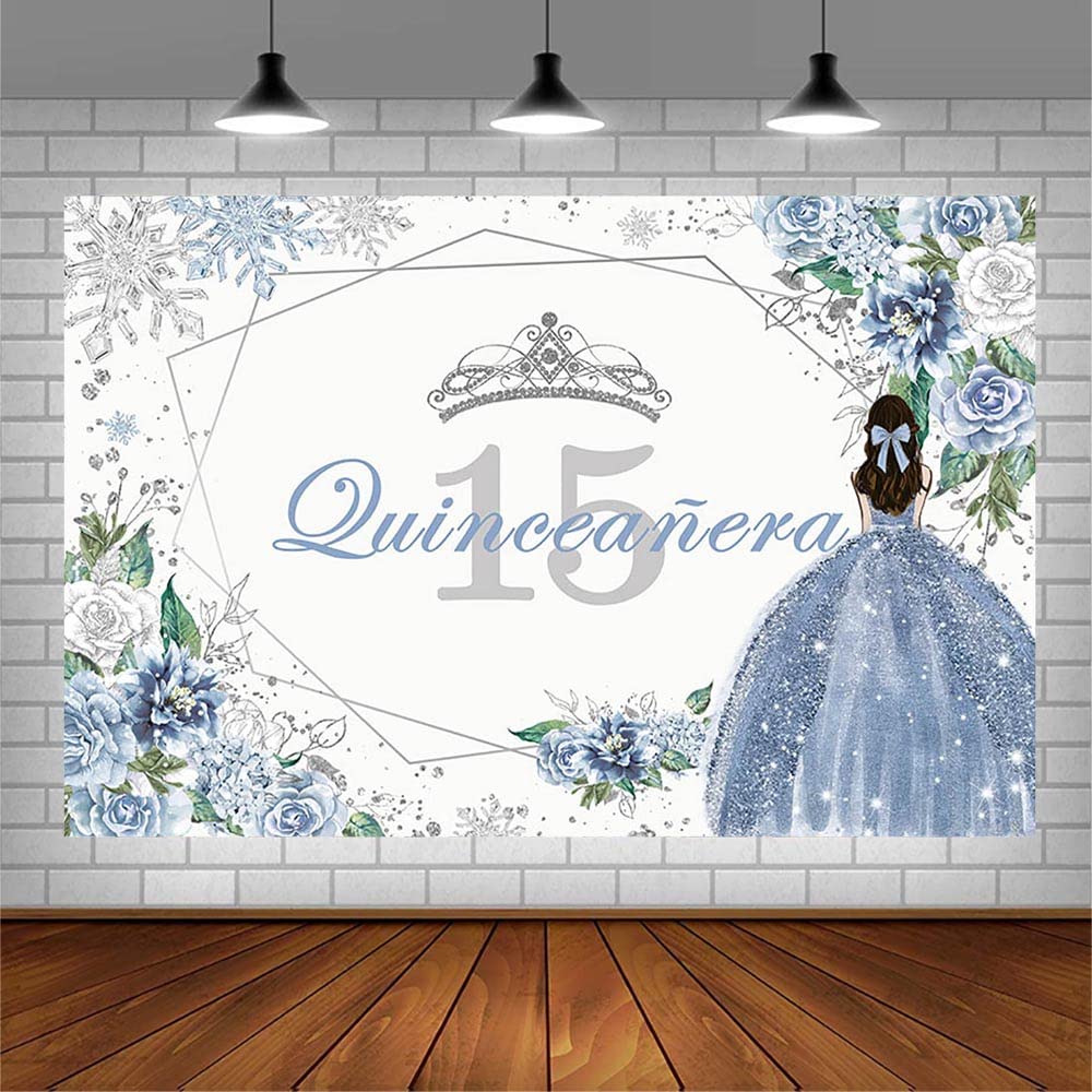 Sendy 7X5Ft Quinceanera 15Th Birthday Backdrop For Sweet Girl Mis Quince Anos 15Th Birthday Party Decorations Blue Silver Glitte
