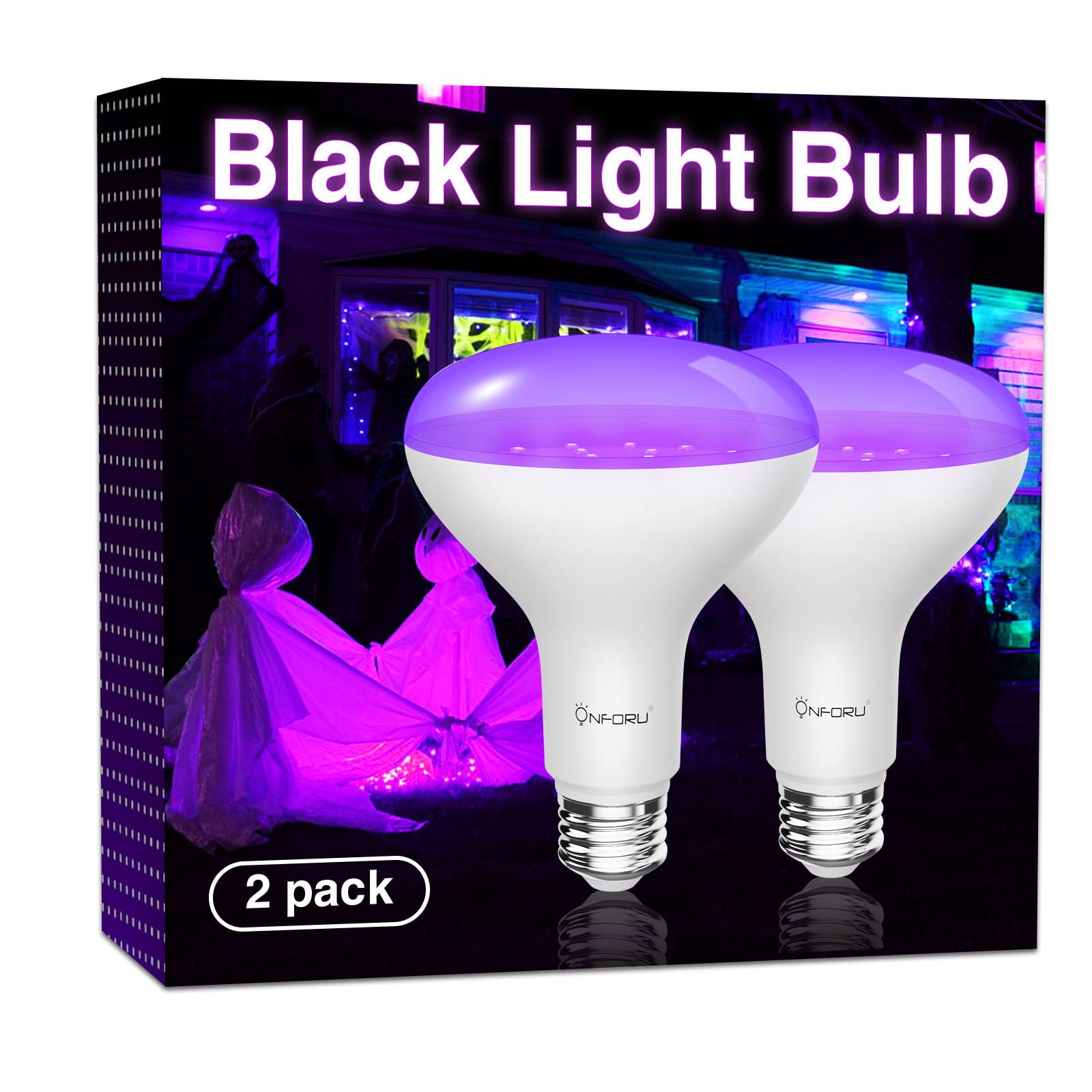 Onforu 2 Pack 120W Equiv Led Black Light Bulb, Br30 E26 Blacklight Bulbs For Glow In The Dark, 385 400Nm, 15W Black Light Flood