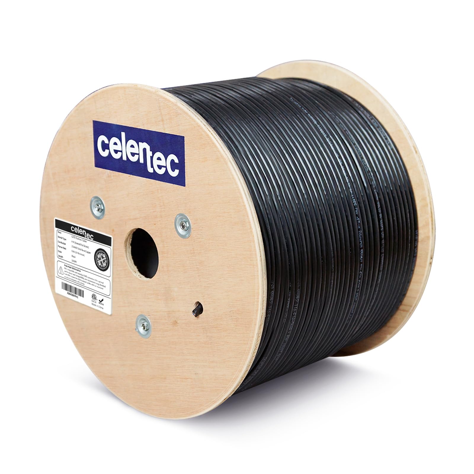 Celertec Cat6 Shielded Outdoor Cable, 1000Ft, Ftp (Overall Foil Shield), 23Awg Solid Bare Copper, Uv Resistant, Weatherproof, 550Mhz, Etl Listed &Cmx Rated,Bulk Ethernet Cable, Black
