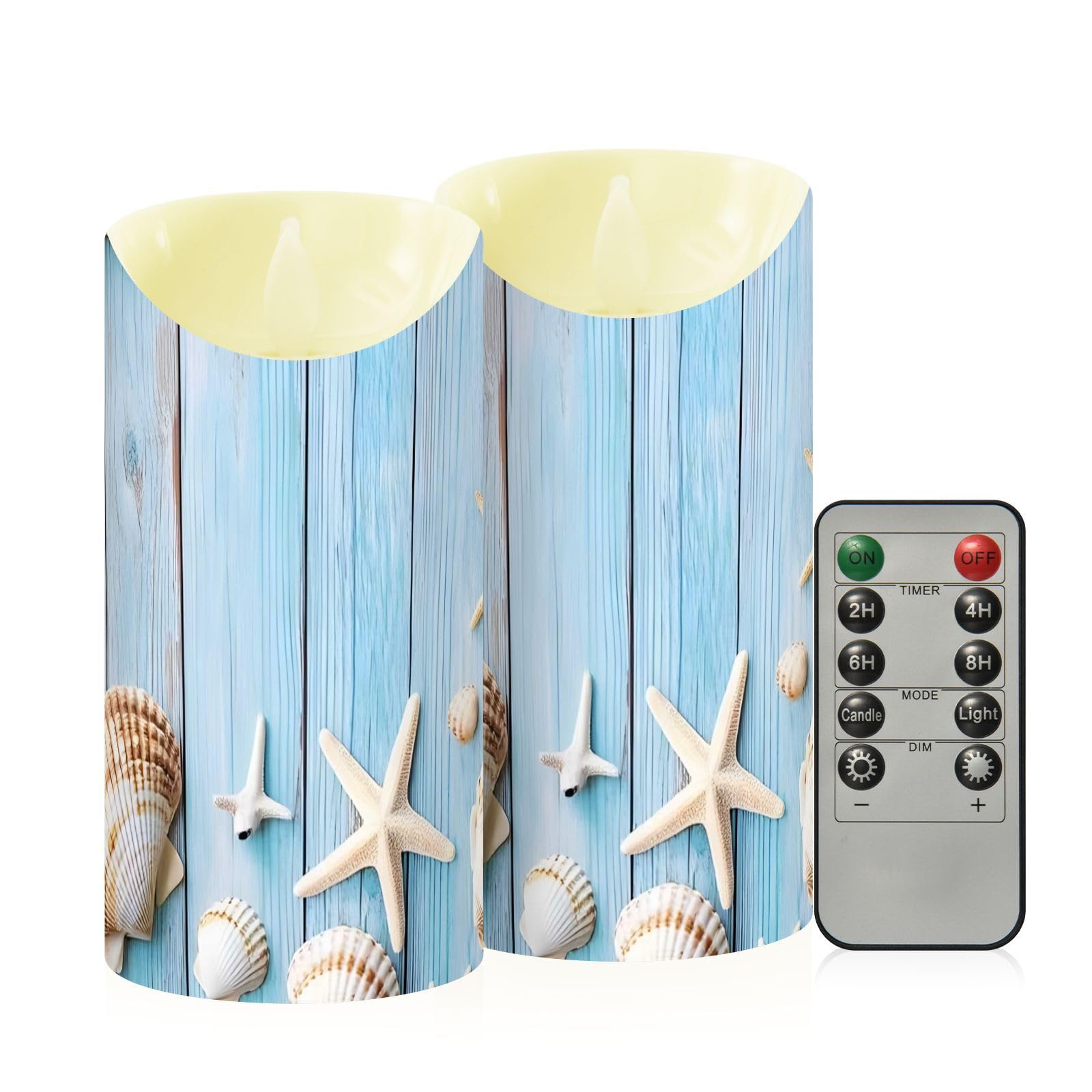 ALAZA Beach Seashells Starfish Teal Wooden Flameless Candles with Remote Timer,LED Flickering Battery Operated Electric Pillar T