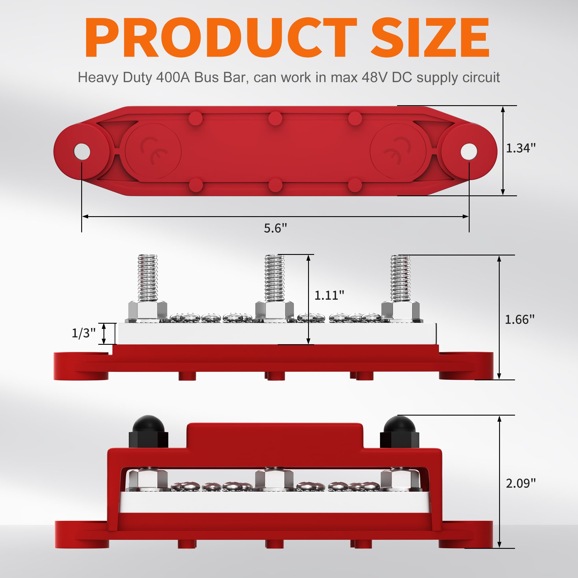 Joinfworld Heavy Duty 400A Bus Bar 12V 48V Power Distribution Block With 3 X 5/16' Studs Marine Bus Bar Terminal Block 12 Volt Dc Battery Busbar With Cover   Negative&Positive