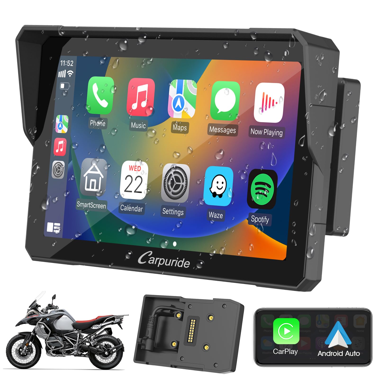 Carpuride W702B Motorcycle Carplay Screen For Bmw R1200Gs R1250Gs S1000Xr Motorcycle, 7 Inch Waterproof Touchscreen, Portable Carplay/Android Auto Gps Navigation For Motorbike, Dual Bluetooth