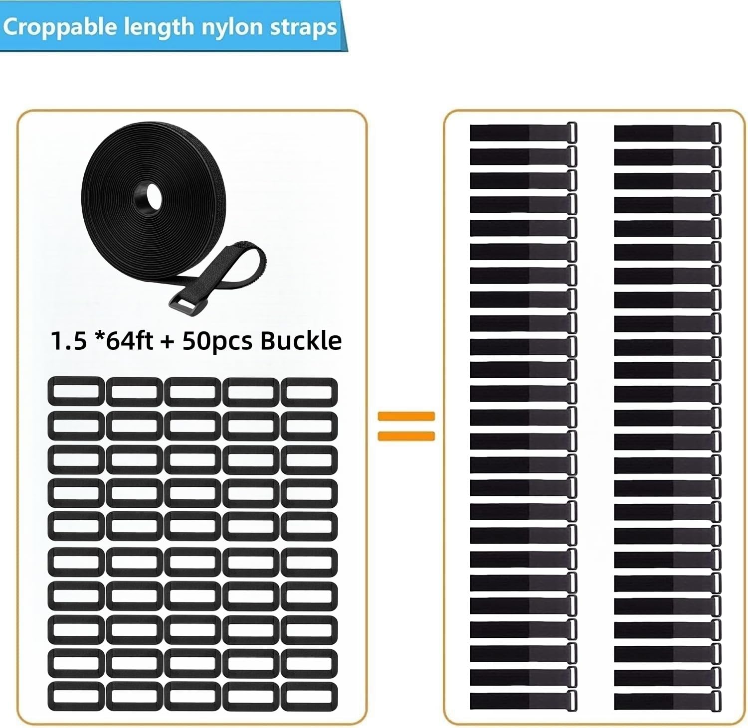 1.5 Inch Wide 64Ft Cable Straps With 50 Buckles, Heavy Duty Nylon Hook And Loop Straps For Fastening Securing, Reusable Cut To L