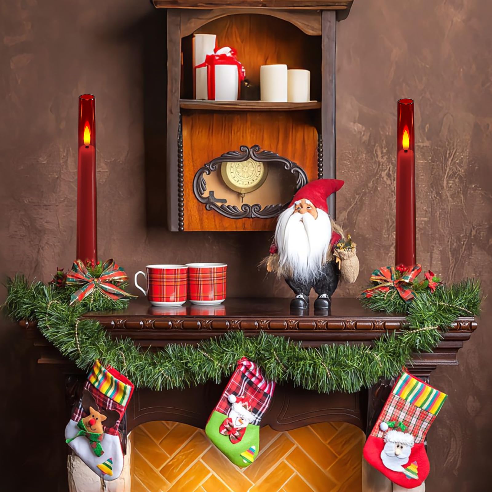 Lezonic Flameless Windows Candles Battery Operated With Timer Remote, 6Pcs Red Acrylic Flameless Candlesticks With Holders, Led