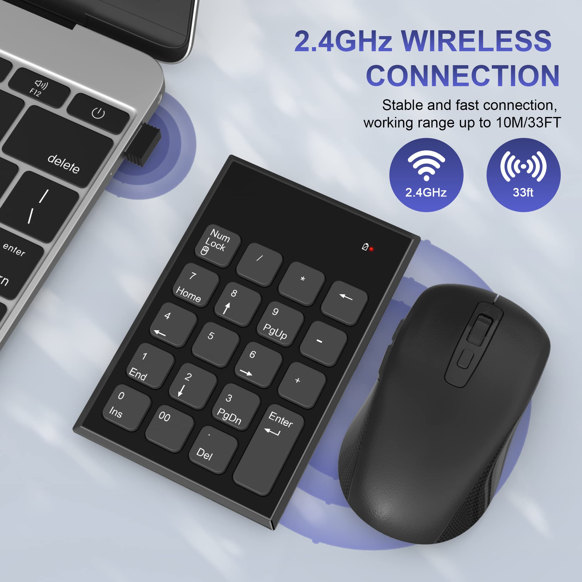 Wireless Number Pad And Mouse Combo,2.4G 19 Keys Usb Wireless Numeric Keypad,3 Adjustable Silent Mouse Speeds Dpi 800/1200/1600,