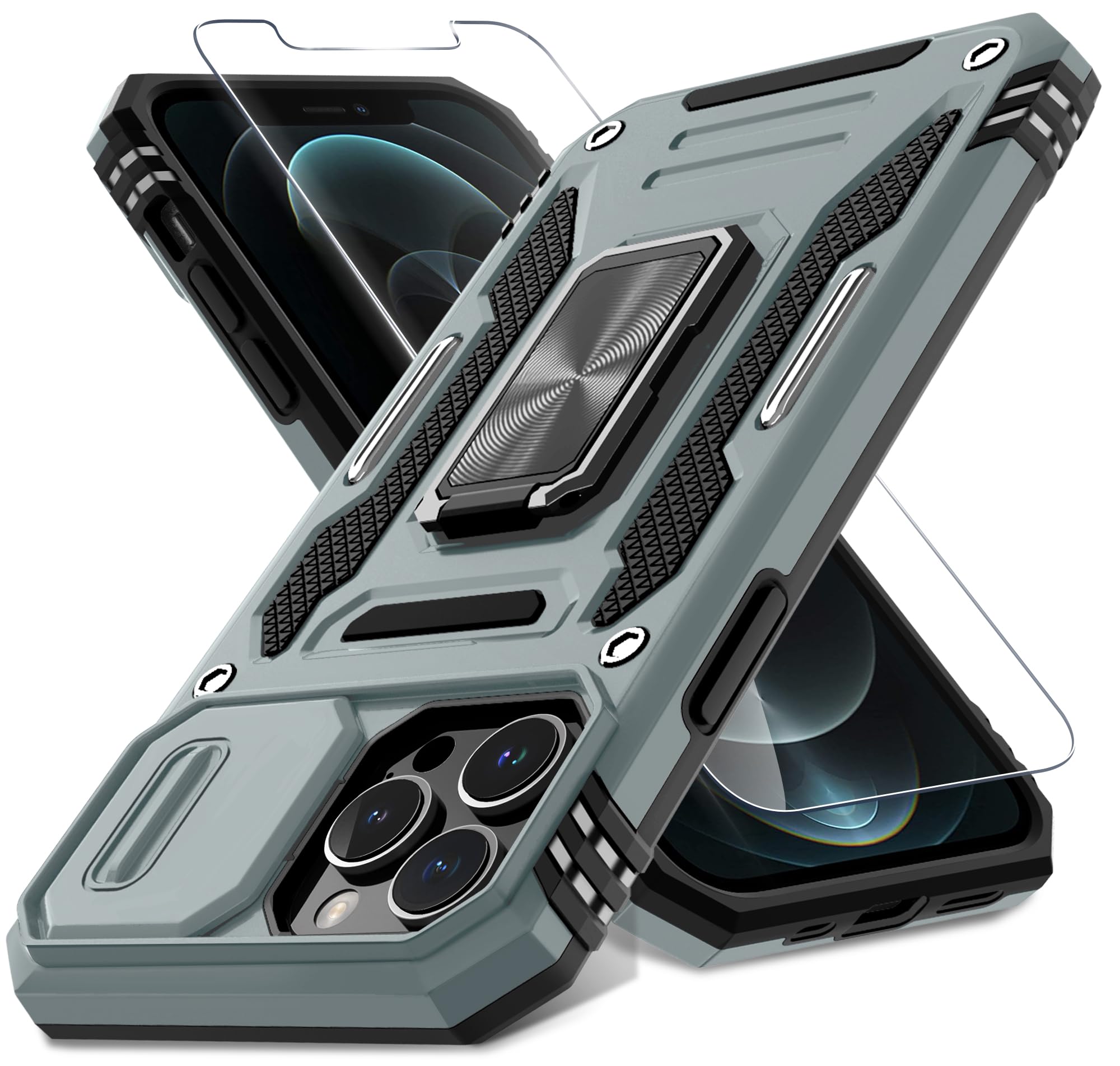 Deerlamn Case For Iphone 13 Pro Max With Slide Camera Cover+Screen Protector(1 Pack),Rotated Ring Kickstand Military Grade Shock