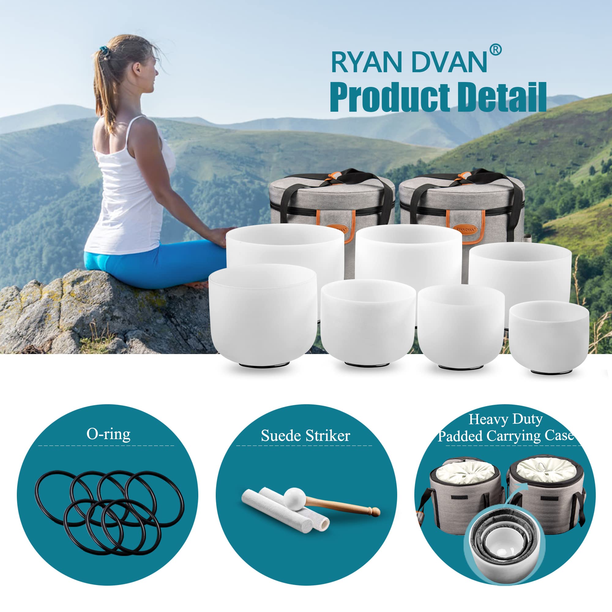 Ryan Dvan 432 Hz 7 12 Inch Set Of 7 Frosted Quartz Crystal Singing Bowl Chakra Set With Free 2 Pcs Carrying Case