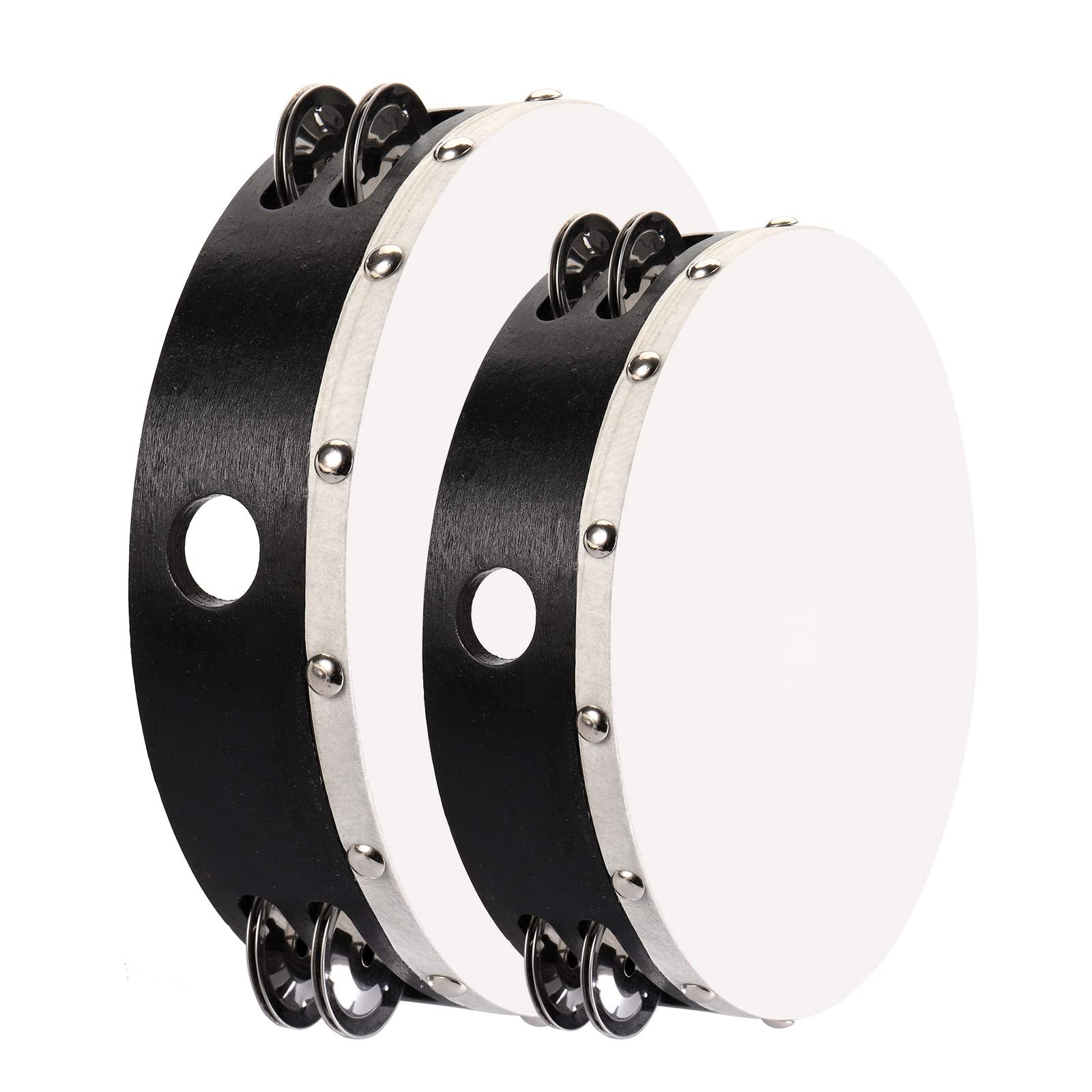 Foraineam 2 Pieces (8 Inch And 10 Inch) Wood Handheld Tambourine, Double Row Metal Jingle Bells Wooden Tambourine Drum Musical P