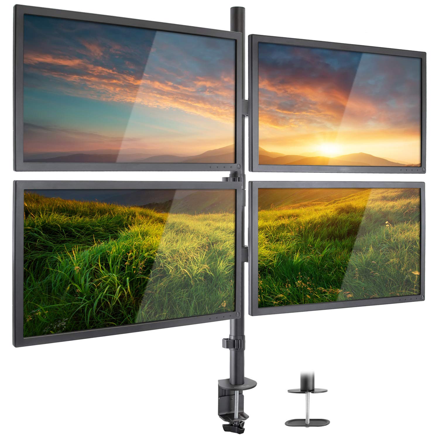 Mount It! 4 Monitor Stand | Quad Monitor Desk Mount | Fits Four Computer Screens 19 21 24 27 29 30 32 Inches | Heavy Duty Height Adjustable Arms | VESA 75 100 Compatible | C Clamp and Grommet Bases