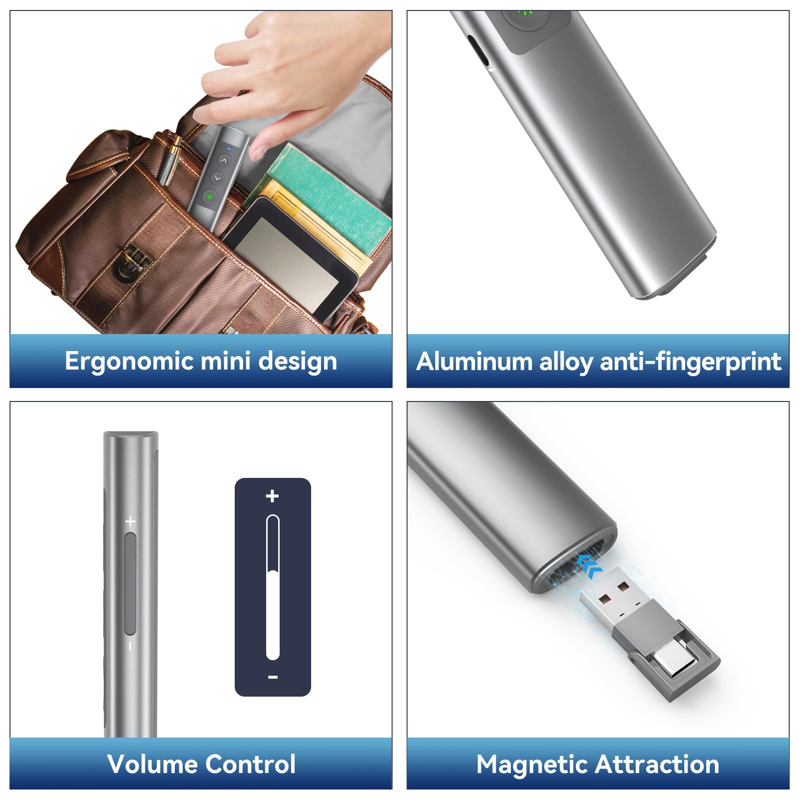 Rechargeable Presentation Clicker, 2 In 1 Usb-A Usb-C Metal Wireless Remote Powerpoint Slide Clicker With Volume Control For Ppt