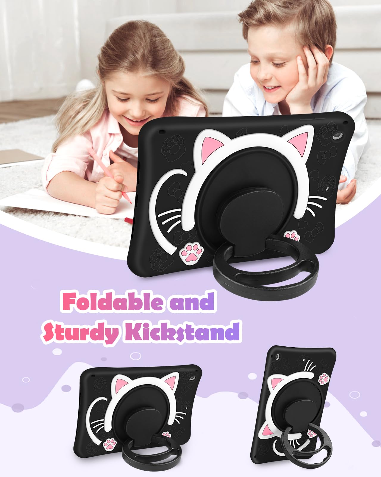 Wazzasoft For Ipad 9Th/8Th/7Th Generation Case 10.2 Inch Girls Cute Black Cat Cover Kawaii Girly Cartoon With Rotating Handle St