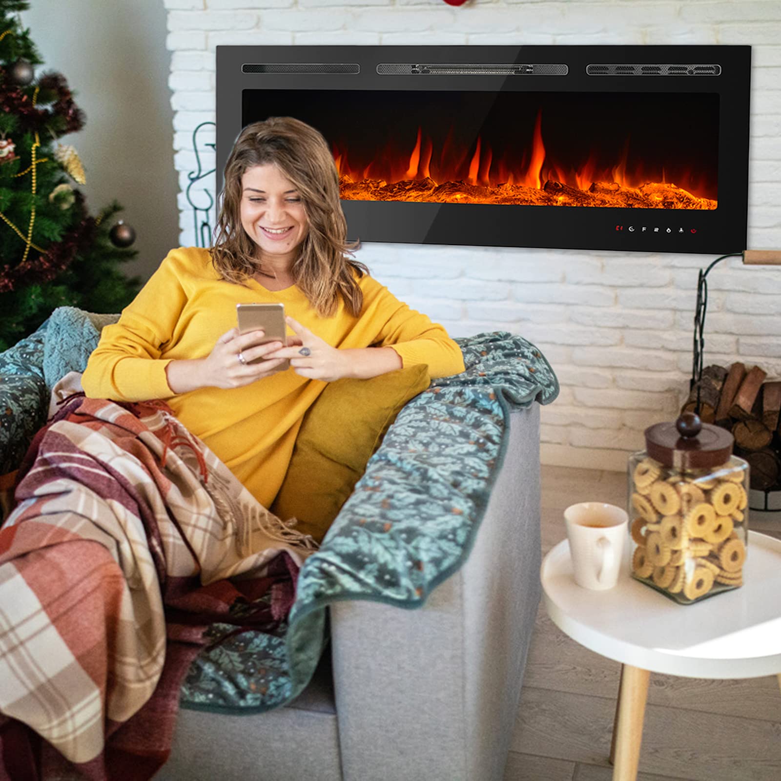 CharaVector 50 Inch Electric Wall Mounted Fireplace Insert, Black, LED Flame, Remote Control, Model FIREPLACE50