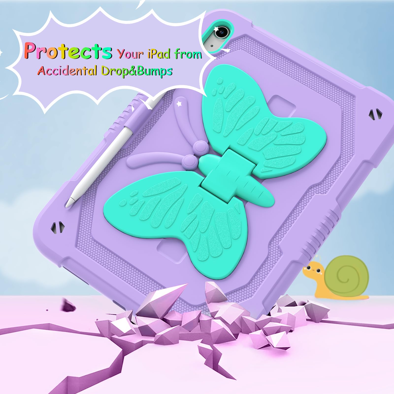 Ambison Case For Ipad 10Th Generation 2022 10.9 Inch For Kids Girls,With 9H Tempered Glass Screen Protector, Rugged Heavy Duty Shockproof Protective Case With Butterfly Stand,Carrying Strap Purple