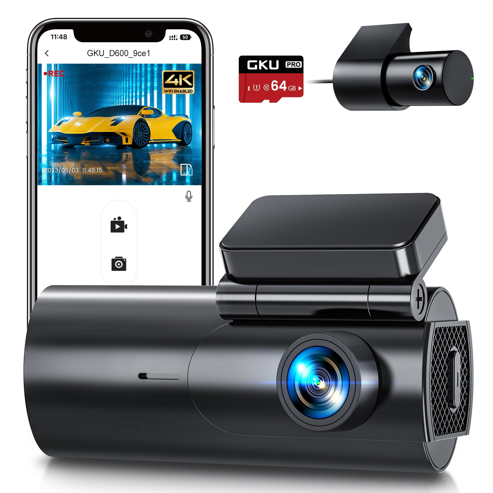 Gku Dash Cam Front And Rear Camera, 4K/2.5K Full Dashcams For Cars With 64Gb Sd Card, Wifi & App Control, Night Vision, Parking 