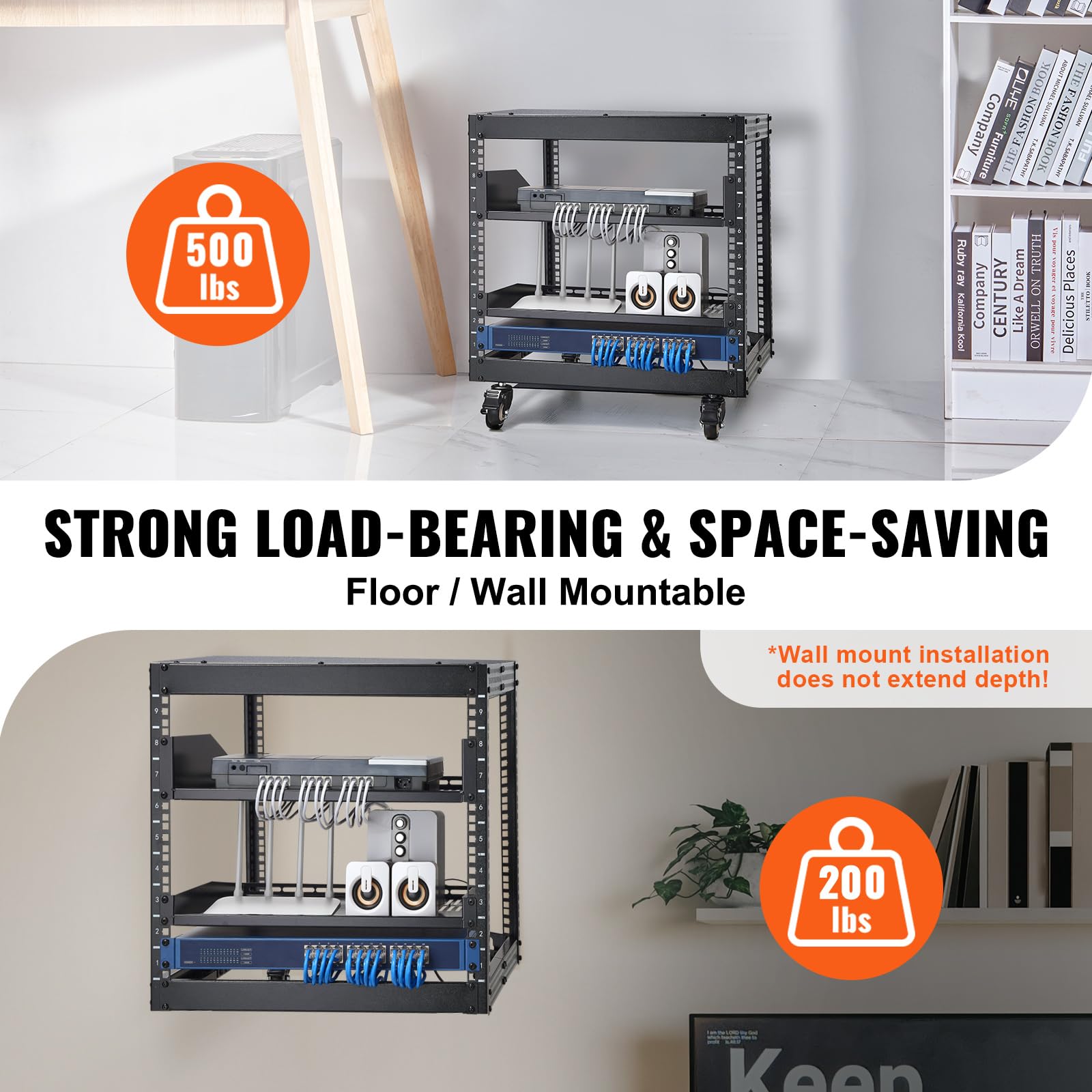 Vevor 9U Open Frame Server Rack, 23'' 40'' Adjustable Depth, Free Standing Or Wall Mount Network Server Rack, 4 Post Av Rack With Casters, Holds All Your Networking It Equipment Av Gear Router Modem