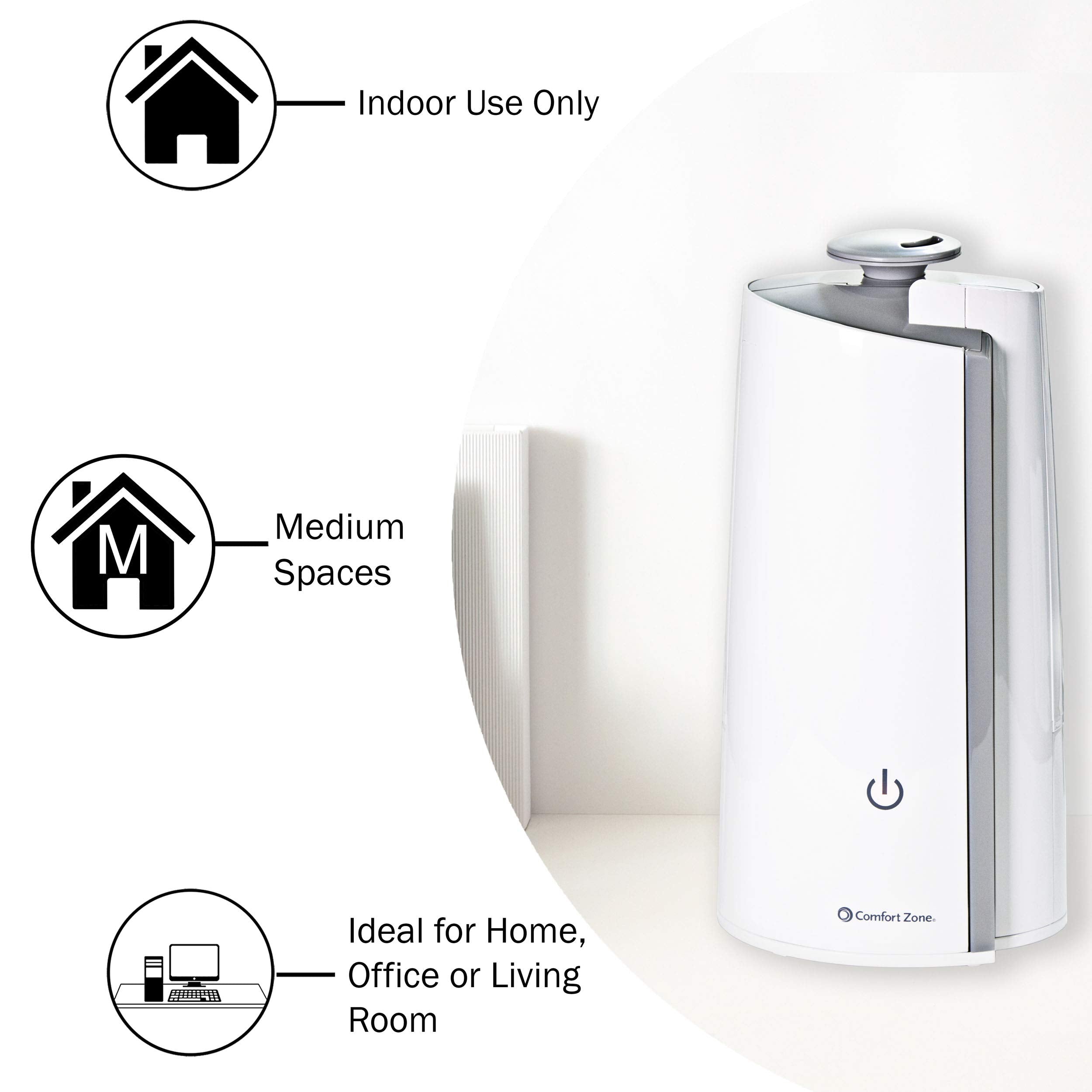 Comfort Zone Czhd50 0.3 Gallon/1.3 Liter Ultrasonic Mini Tower Humidifier, Top Fill With Digital Controls, White