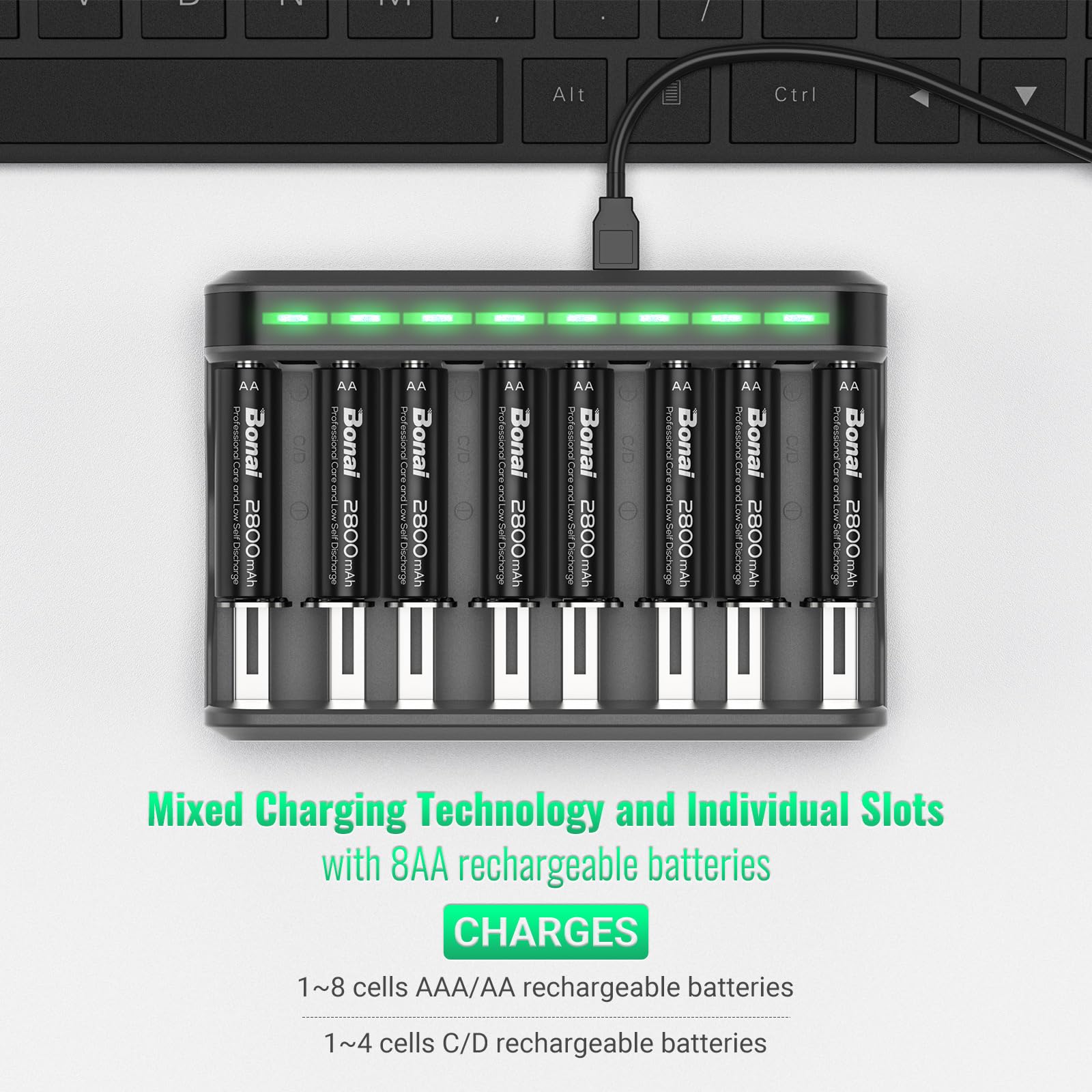 Bonai Aa Rechargeable Batteries 2800Mah 8Pack With Smart Charger For Aa Aaa C D Nimh Battery