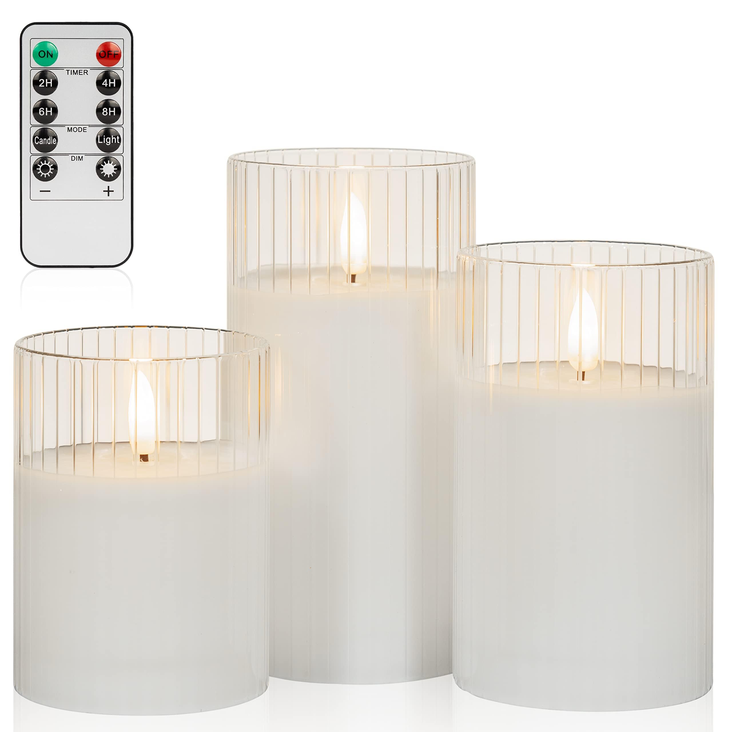 ANGELLOONG White Flameless Candles with Timer, Glass Flickering LED Candle with Remote, Set of 3 Battery Operated Pillar Candles