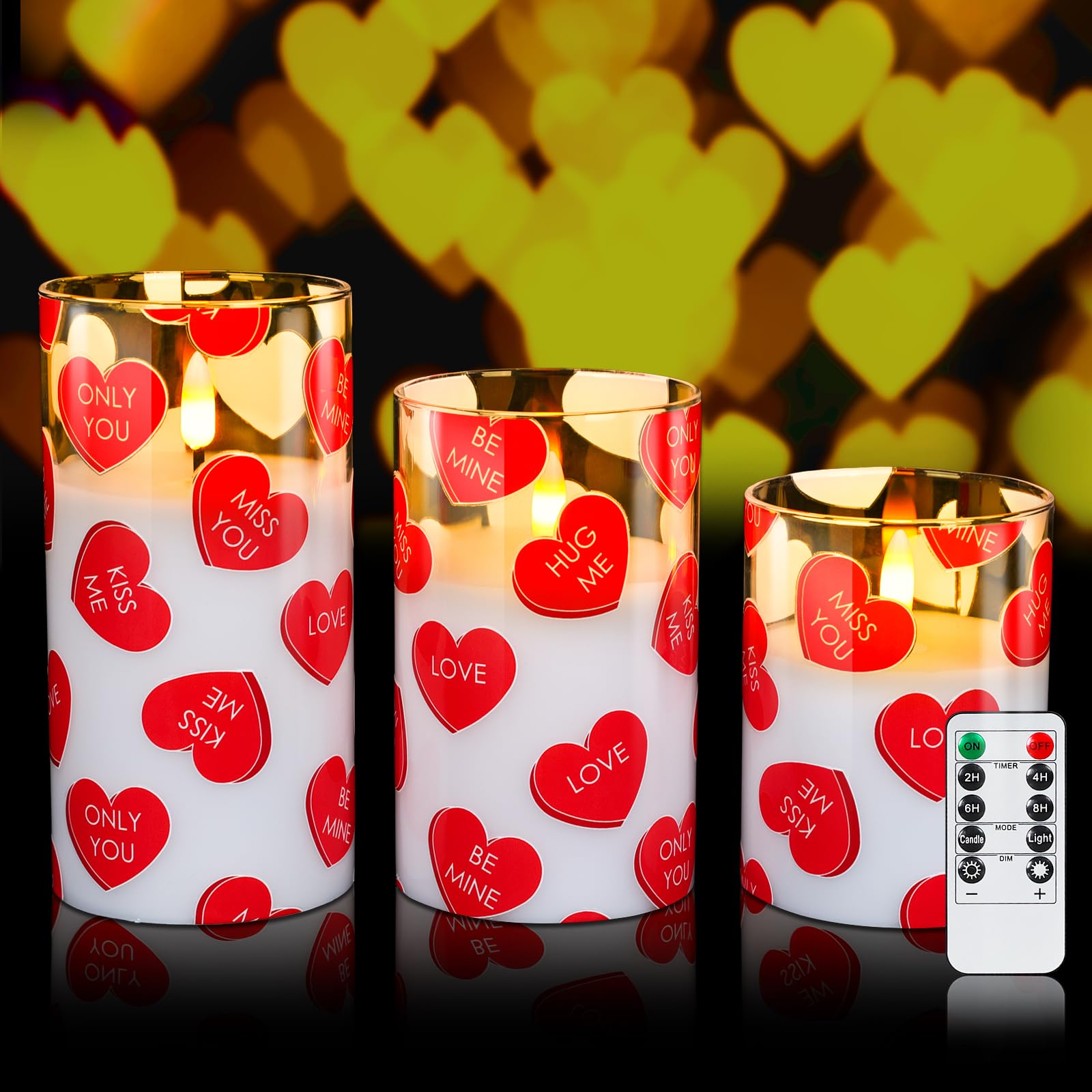 Lebaley 3PCS Valentine Candles with Remote Love Heart Flameless Pillar Candle Battery Operated Candles Glass Heart Shaped Valent