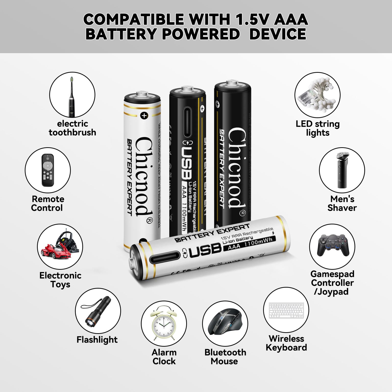 Chicnod 4-Pack Aaa Lithium Batteries, 1100Mwh, Rechargeable, 1.5H Fast Charge W/Type-C Cable, 1000+ Cycles, For Toys/Remote/Flas