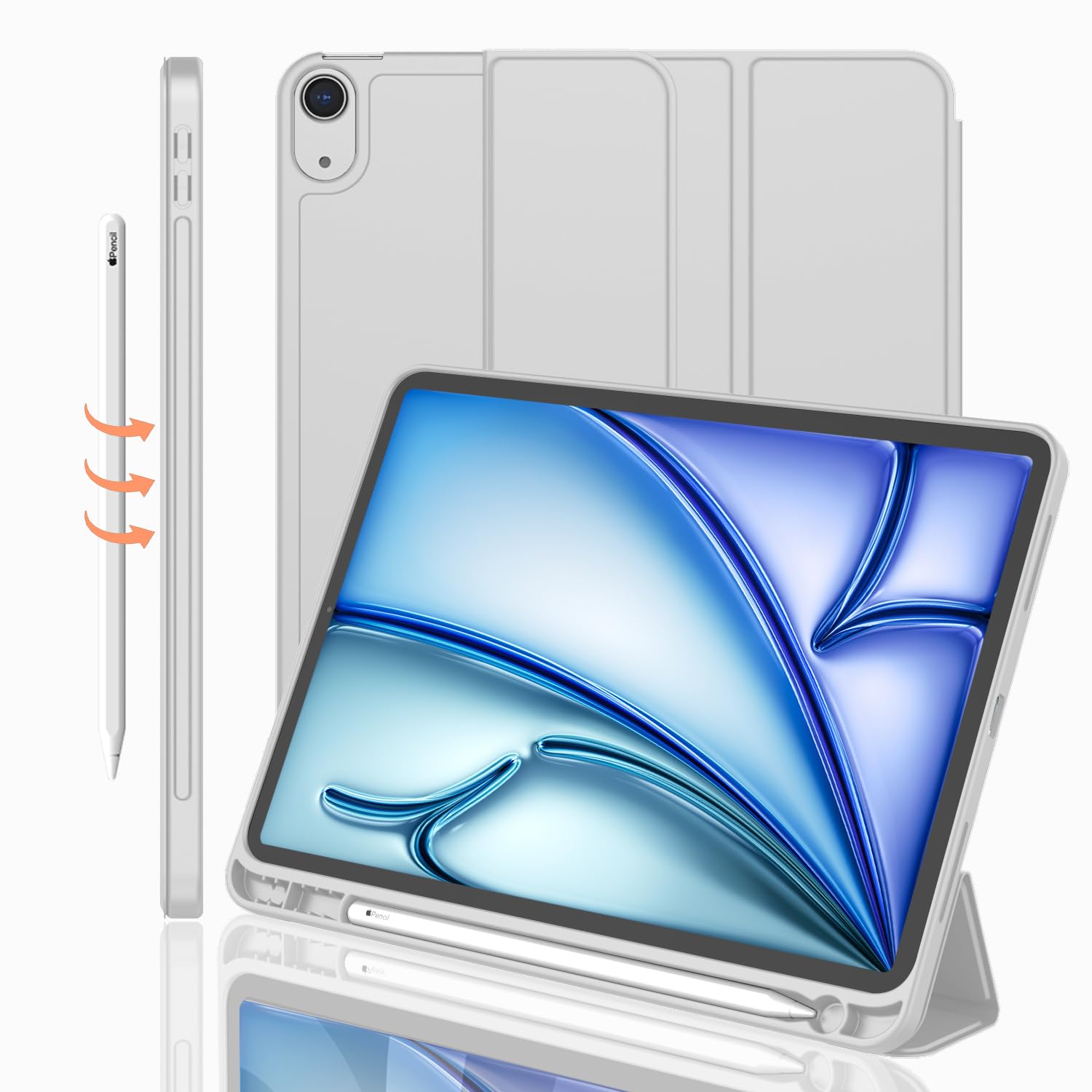 iMieet iPad Air 11 Inch Case M3(2025) / M2 (2024), iPad Air 5th/4th Generation Case 2022/2020 10.9 Inch with Pencil Holder,Trifold Stand Smart Case with Soft TPU Back(Light Gray) -Like New