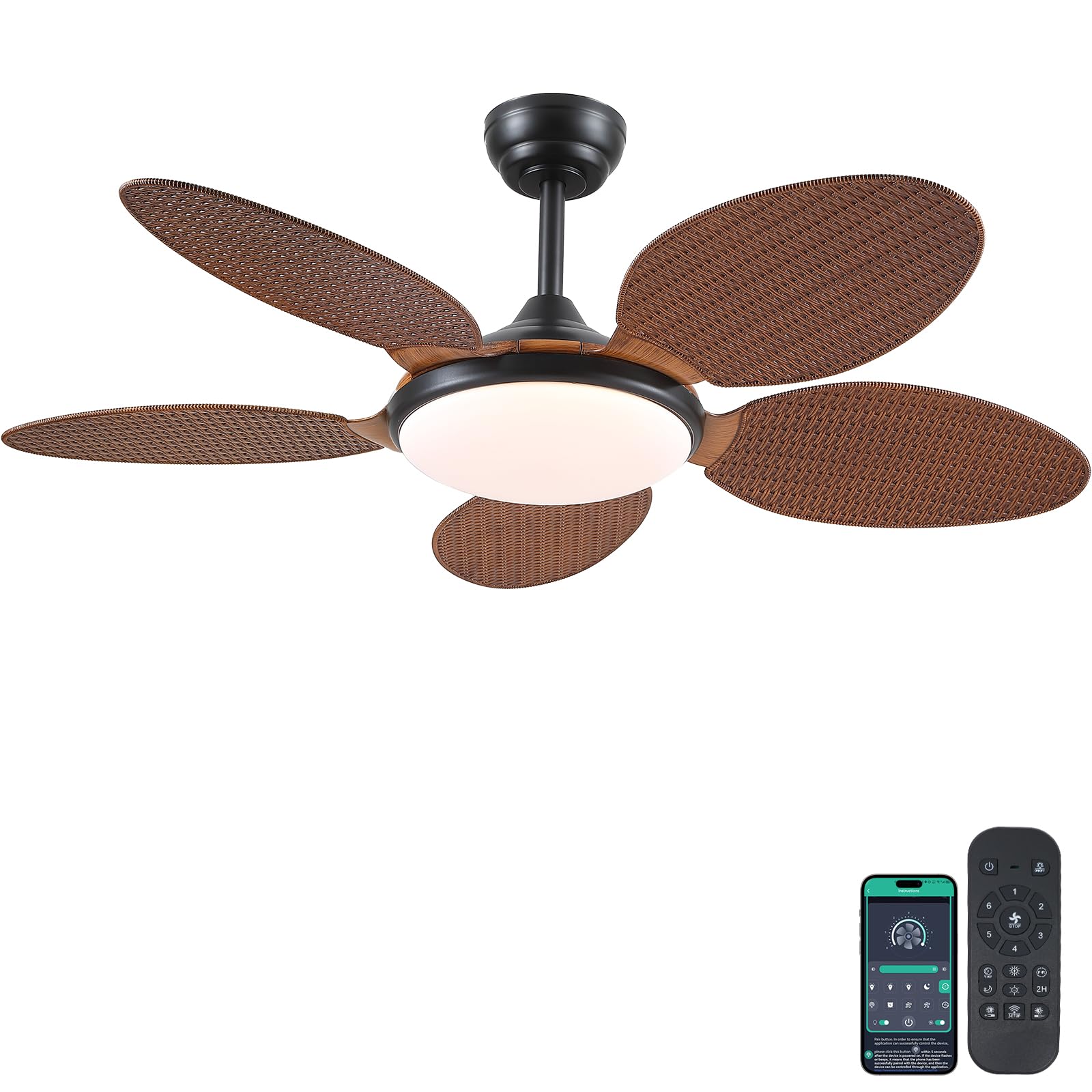 PHORUS 48 Tropical Ceiling Fans with Lights and Remote,Outdoor Palm Leaf Ceiling Fan for Patios Porch Bedroom, Dimmable, 6 Speed